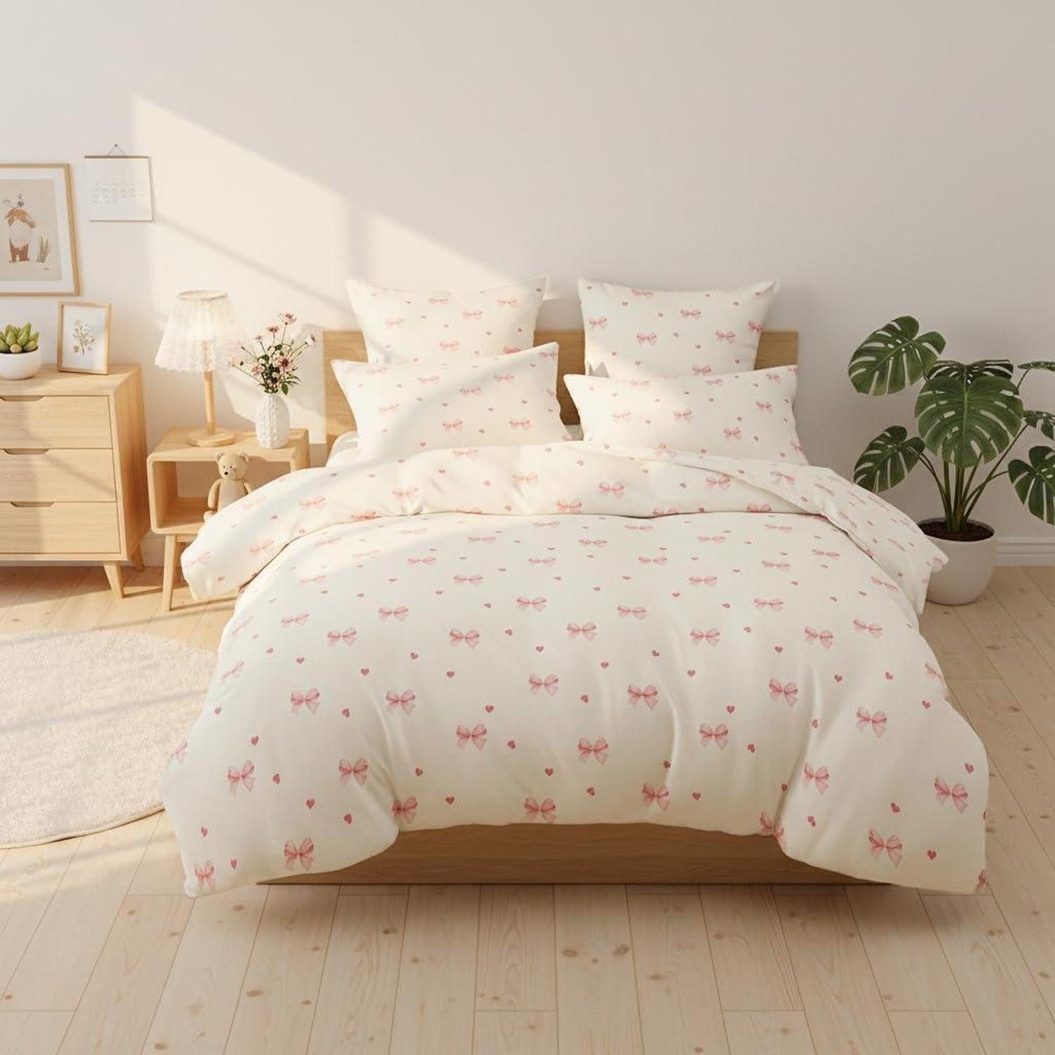 LuxusKollektion Jugendbettwäsche Bettwäsche Set 135x200 Mädchen Beige/Rosa Schleifen