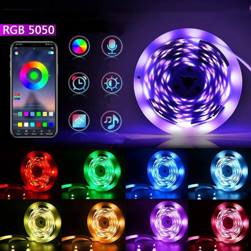 LED RGB Musik Fernbedienung Stripe 5050 5m LED-Streifen Bluetooth, Dimmbar, App-Steuerung, OULENBIYAR App, Sync, einstellbar, 10m, Timer-Einstellung