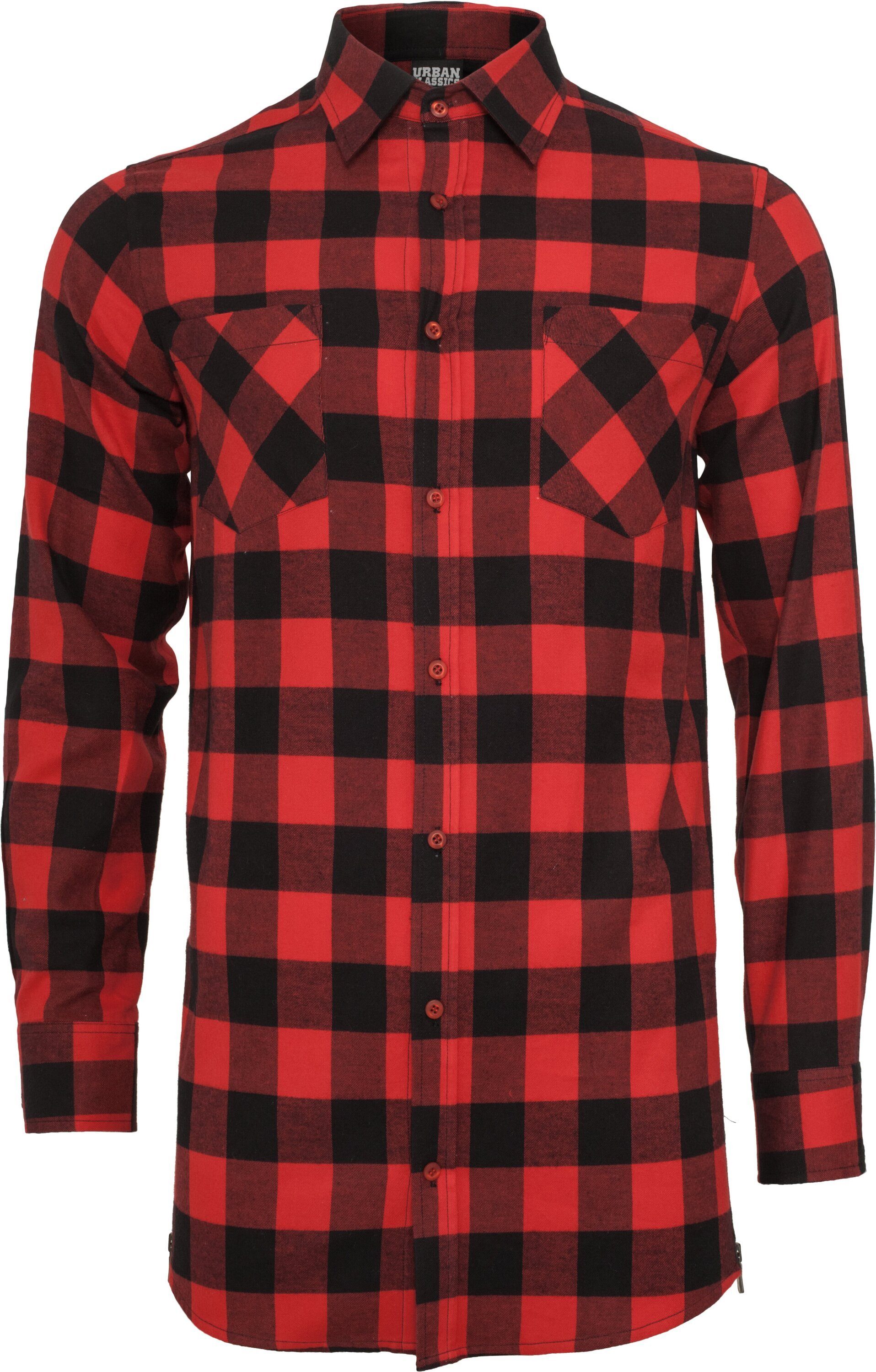 URBAN CLASSICS Langarmshirt Herren Side-Zip Long Checked Flanell Shirt (1-tlg) black/red