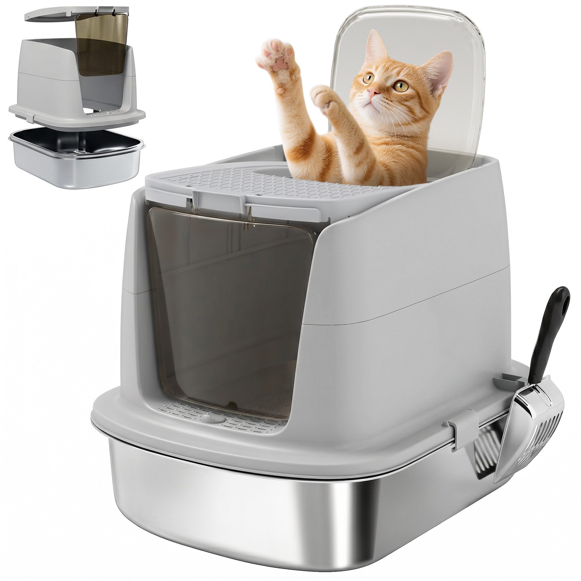 PawHut Katzentoilette mit Deckel, Schaufel Tablett, für Katzen bis 6 kg, Hellgrau