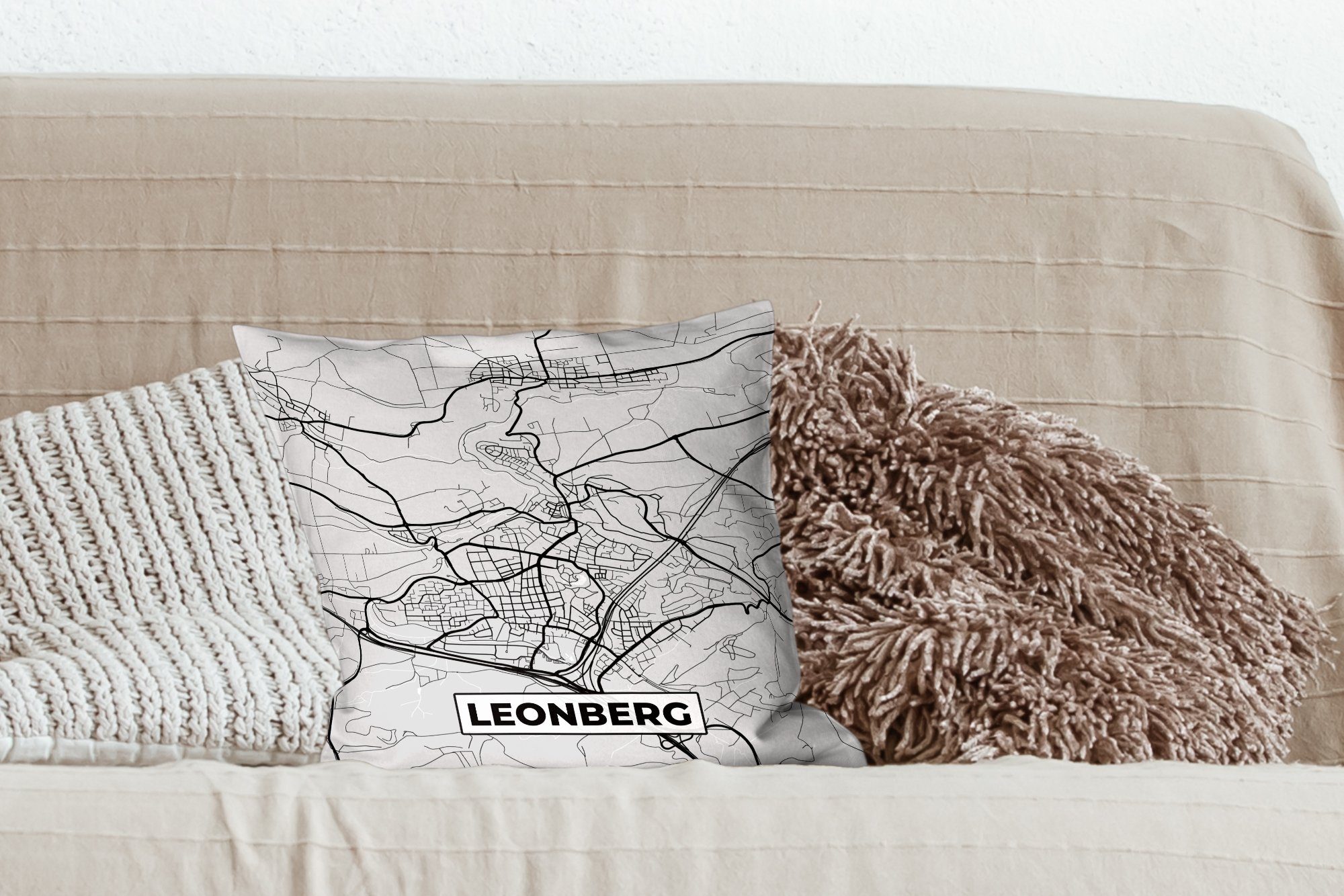 MuchoWow Dekokissen Karte - Deutschland Stadtplan Leonberg, - Deko, - Füllung Sofakissen Zierkissen Wohzimmer, mit für Schlafzimmer