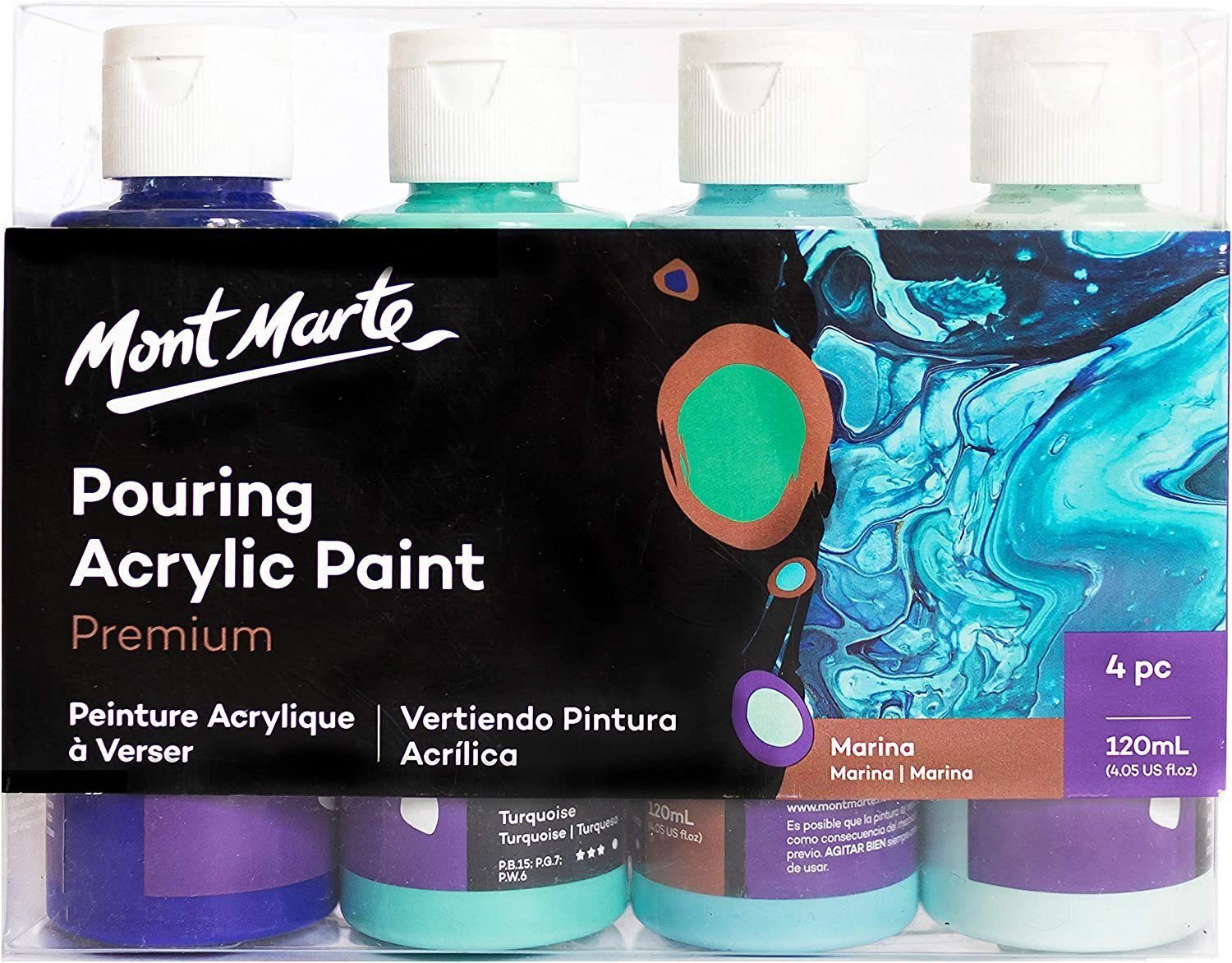 Mont Marte Bastelfarbe PREMIUM Pouring Acrylfarbe, Gieß-Acryl, je 4 x 120 ml, diverse Sets, Untereinander vermischbar & bereits mit Pouring Medium vorgemischt