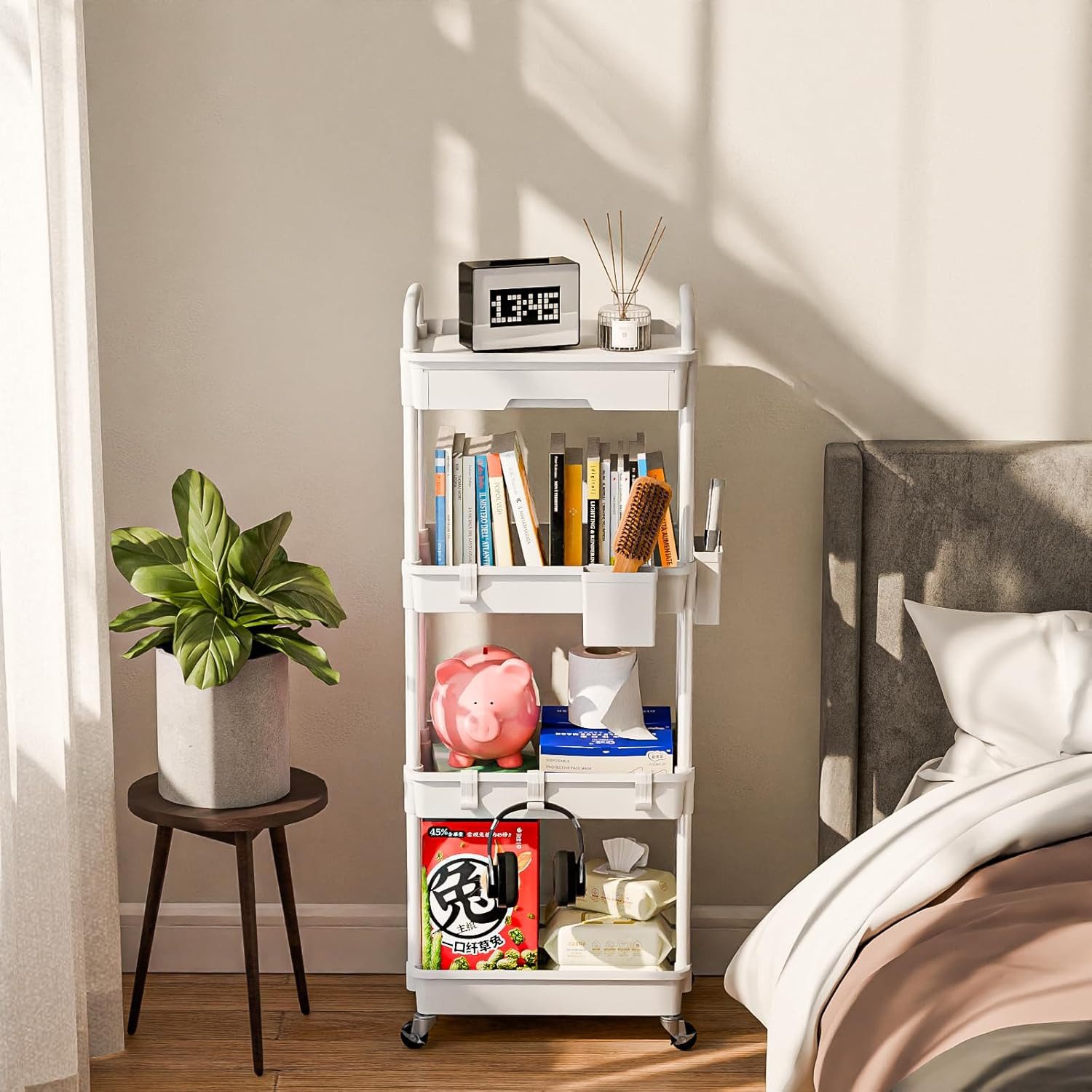 SPACEKEEPER Regal 4-stöckiger Rollwagen mit Schublade – Badorganizer & Küchenorganizer, 1-tlg., Mobiler Aufbewahrungswagen für enge Nischen, Küche & Wäscherei