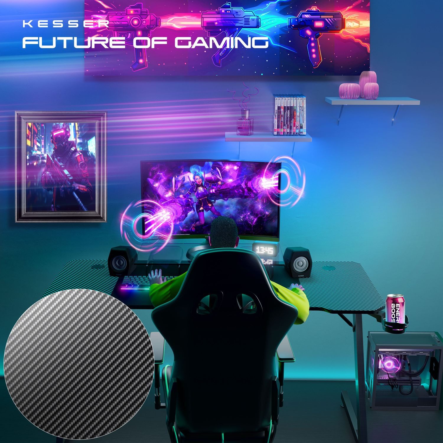 KESSER Gamingtisch, Gaming Schreibtisch mit Getränkehalter Ergonomischer Gamer Tisch
