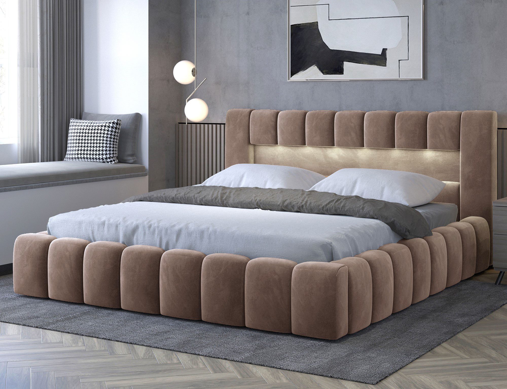 yourhouse24 Polsterbett Lamica Holzrahmen mit LED (Bettgestell mit LED und Lattenrost), Stoffbezug, Ziernähte, modernes Design