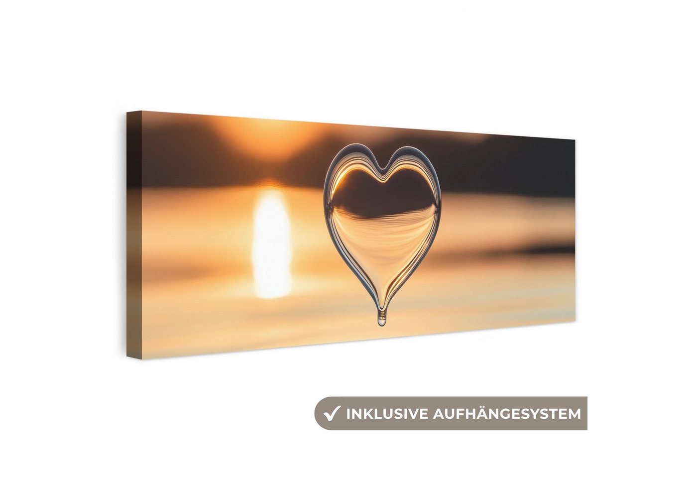 OneMillionCanvasses® Leinwandbild Panorama Herz - Wasser - Sonnenuntergang - Natur - Zen, Fotodruck (1 St), Wandbild, Deko Schlafzimmer Wohnzimmer Flur 60x20 cm
