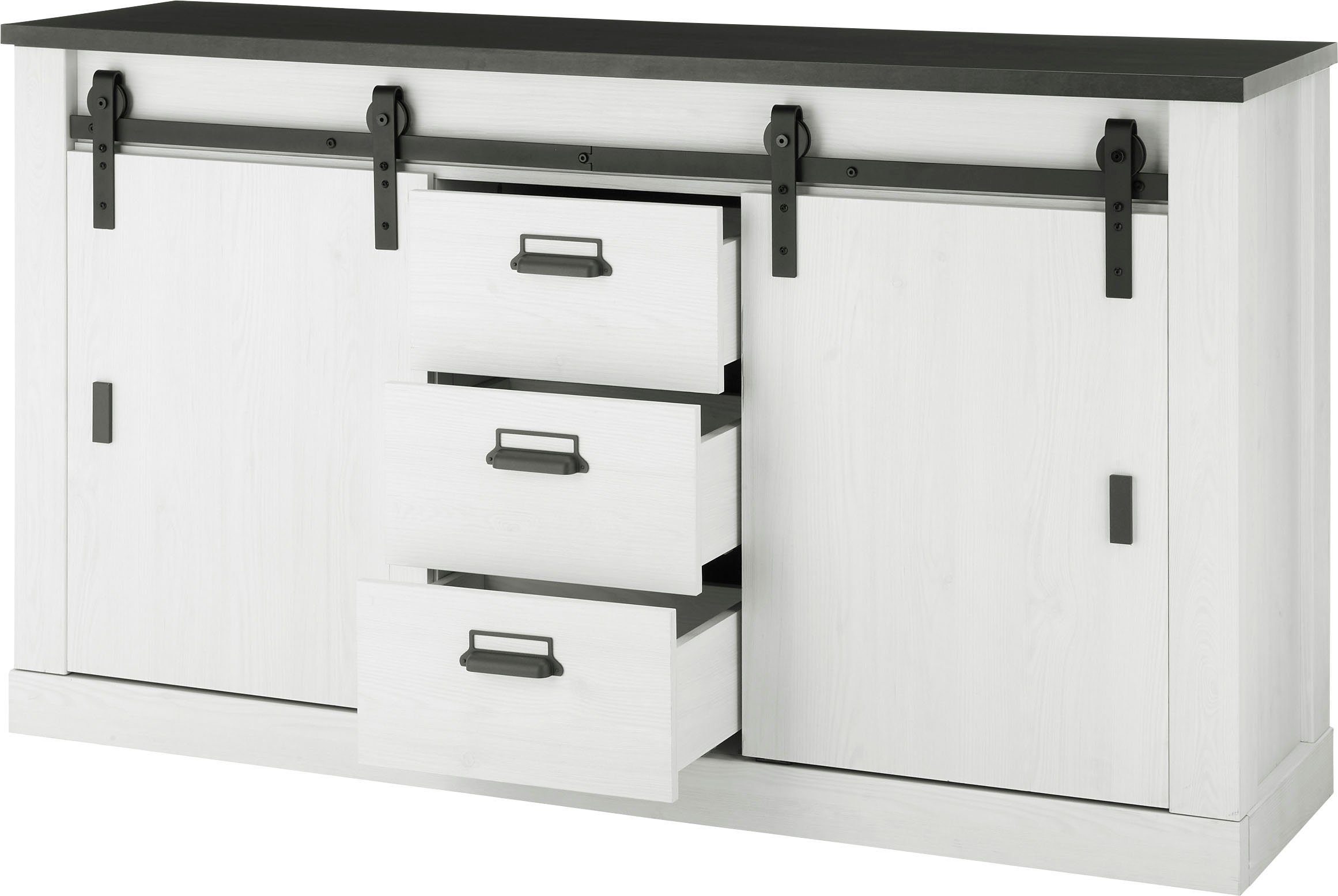 Home affaire Wohnwand SHERWOOD, (2-St), Scheunentorbeschlag und Apothekergriffe aus Metall, Höhe 201 cm