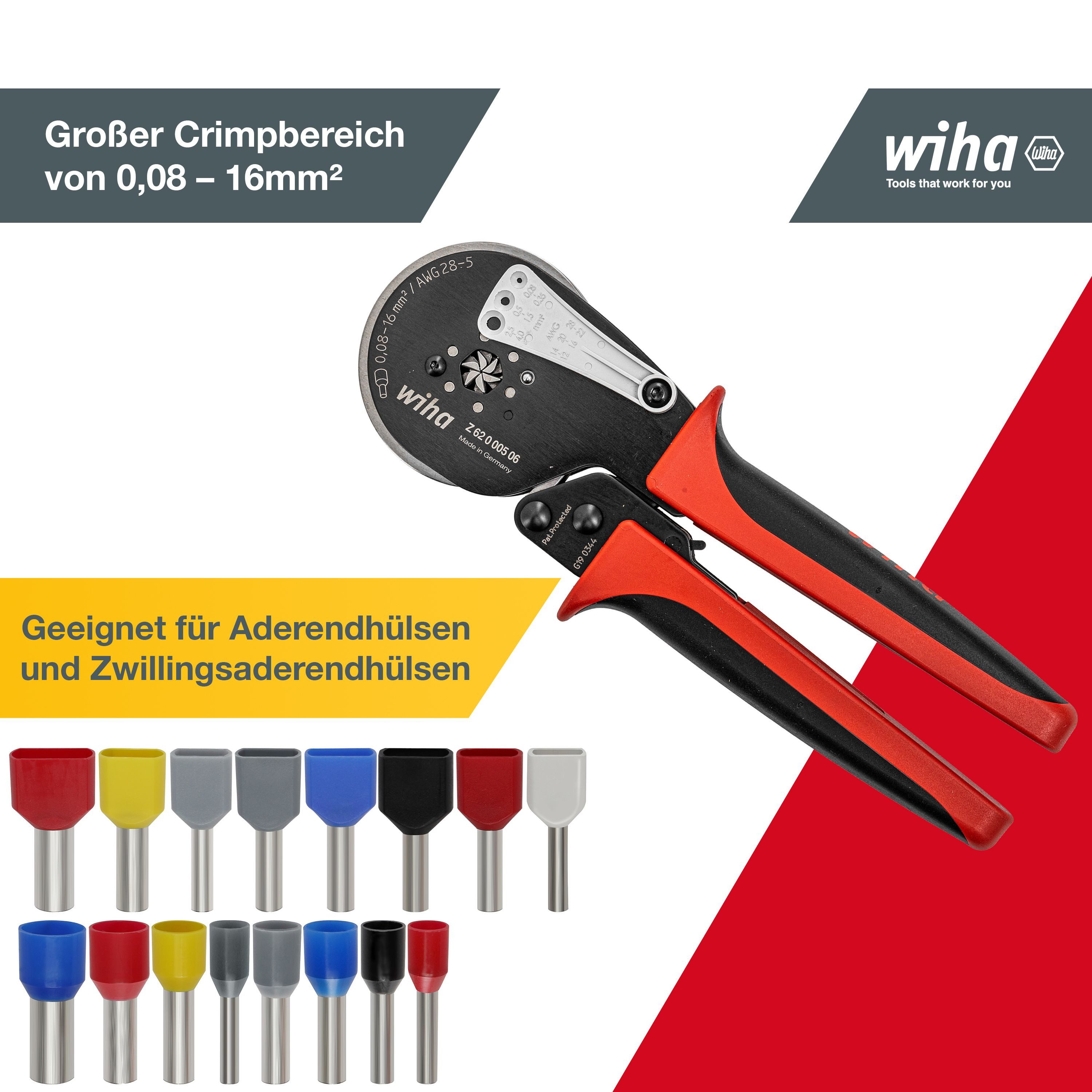Wiha Crimpzange Profi Quetschzange (41246), Sechskant Crimpzange, autom. Anpassung 0,08 bis 16mm²