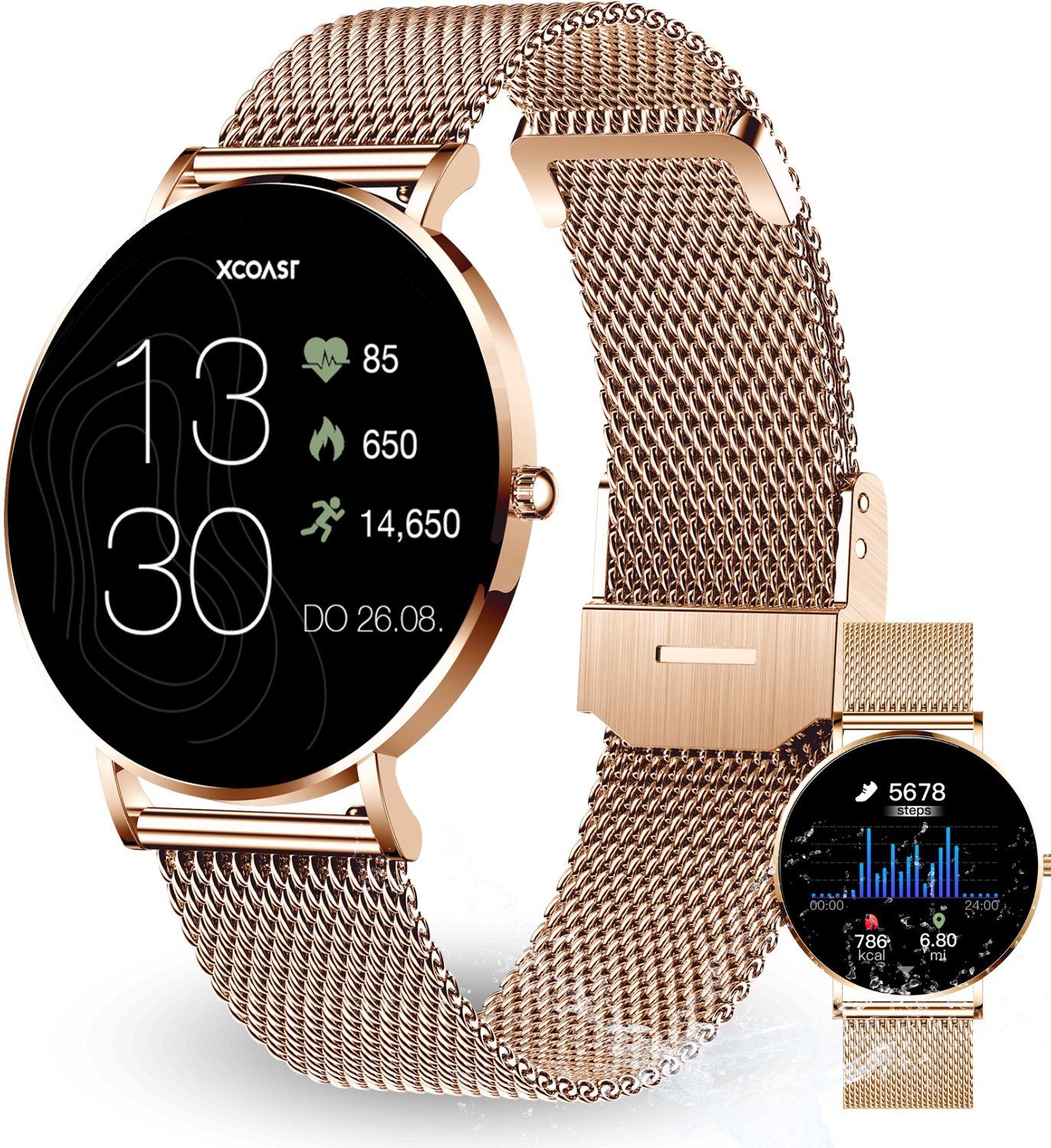 XCOAST SIONA 2 Женщинам Smartwatch (4,2 cm/1,3 Zoll, iOS & Android) Rosegold (hell), Fitness Tracker, 3-tlg., neueste Generation, Wasserdicht, Ultra flach, Puls, Blutdruck, brillante Цвета(ов)