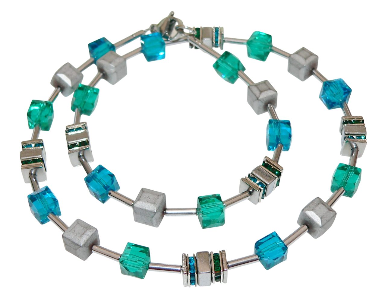 traumschmuck Collier 082b Collier Würfel Cube Hämatit Glas emerald Strass (inkl Schmuckbox), Made in Germany, handgefertigt
