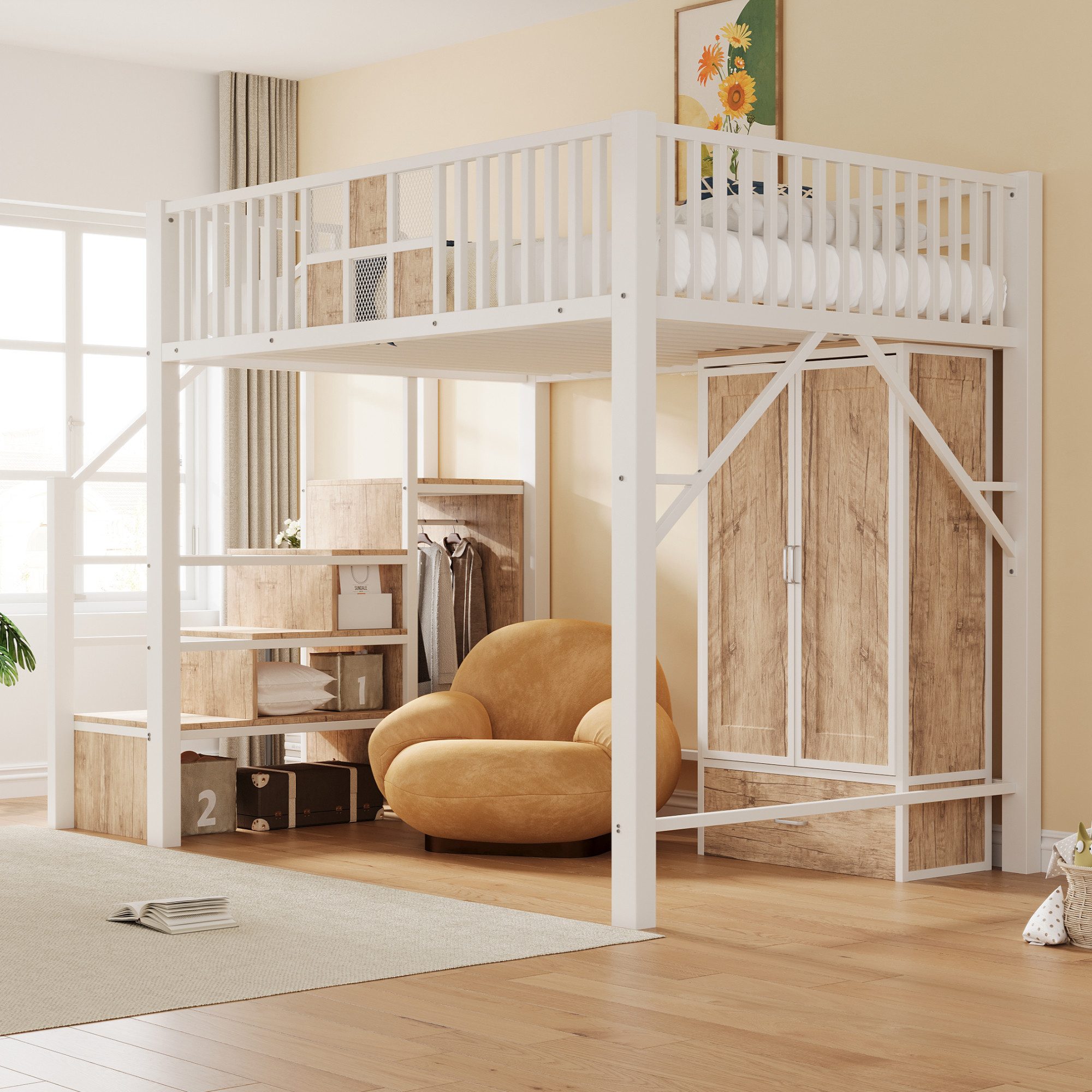 Celya Hochbett 140 × 200 cm Mit Markantem Geländerdesign Aus Holz und Metallgitter (ohne Matratze, mit Großem Kleiderschrank, Schubladen und Aufbewahrungsleiter) Geeignet für Schlafzimmer