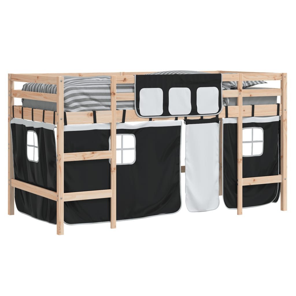 vidaXL Bett Kinderhochbett mit Vorhängen Weiß und Schwarz Massivholz Kiefer