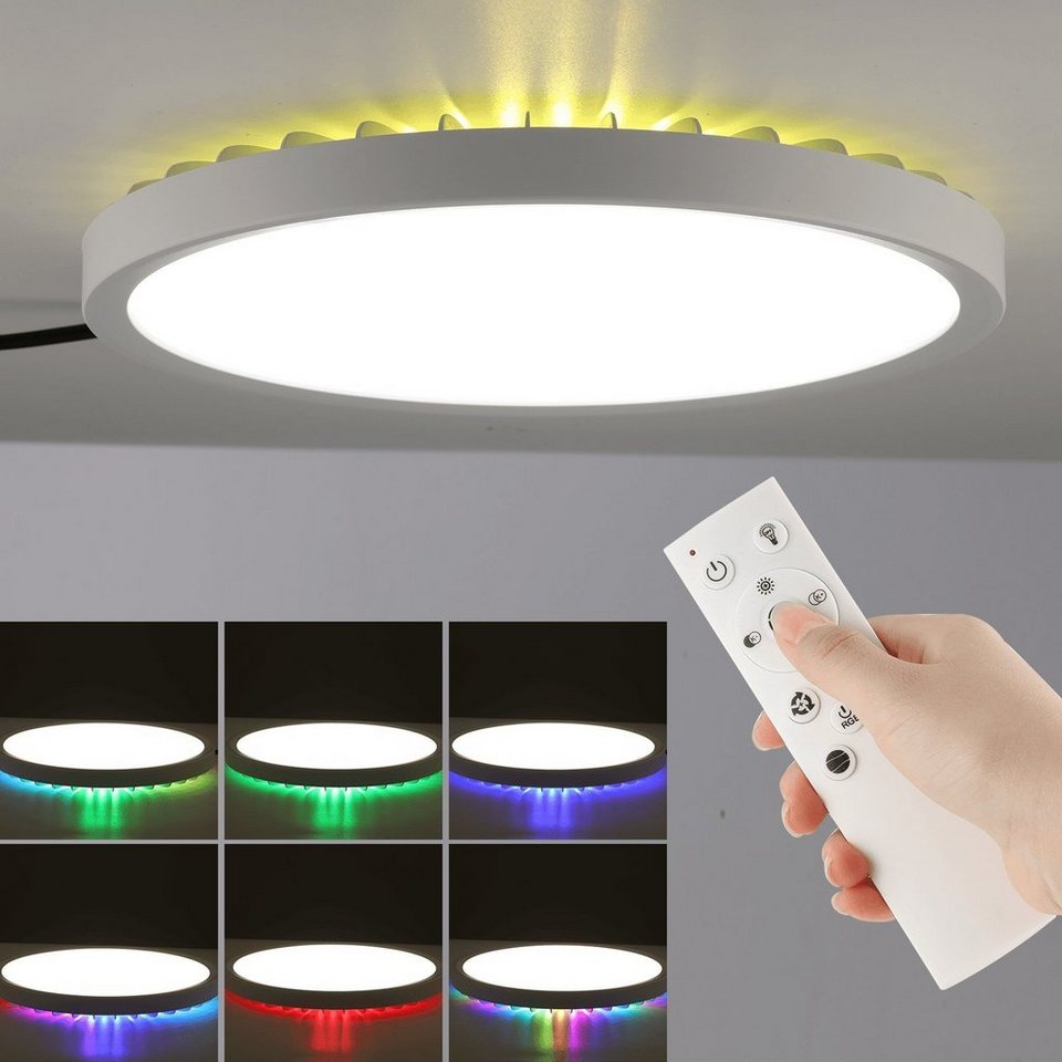 LETGOSPT Deckenleuchte LED Deckenlampe, 28W RGB Farbwechsel mit  Fernbedienung Dimmbar, LED fest integriert, 3000K-6000K-4500K-Nachtlicht-RGB,  mit einstellbare, RGB-Hintergrundbeleuchtung, Ultra Dünn Ø2,5CM