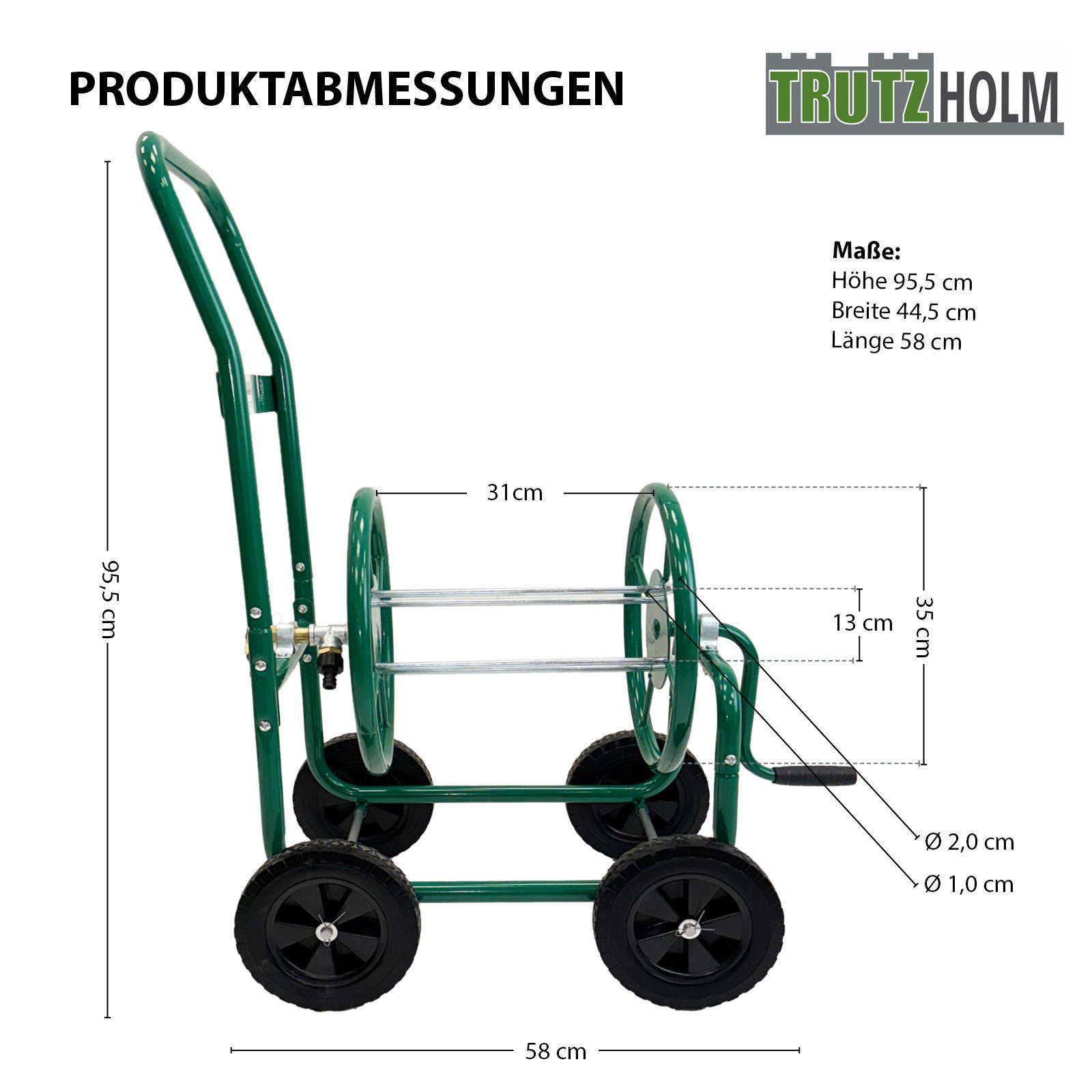 TRUTZHOLM Schlauchwagen Basic 4 Räder 95,5 x 58 cm Stahl, für 50m 3/4 Zoll Gartenschlauch grün