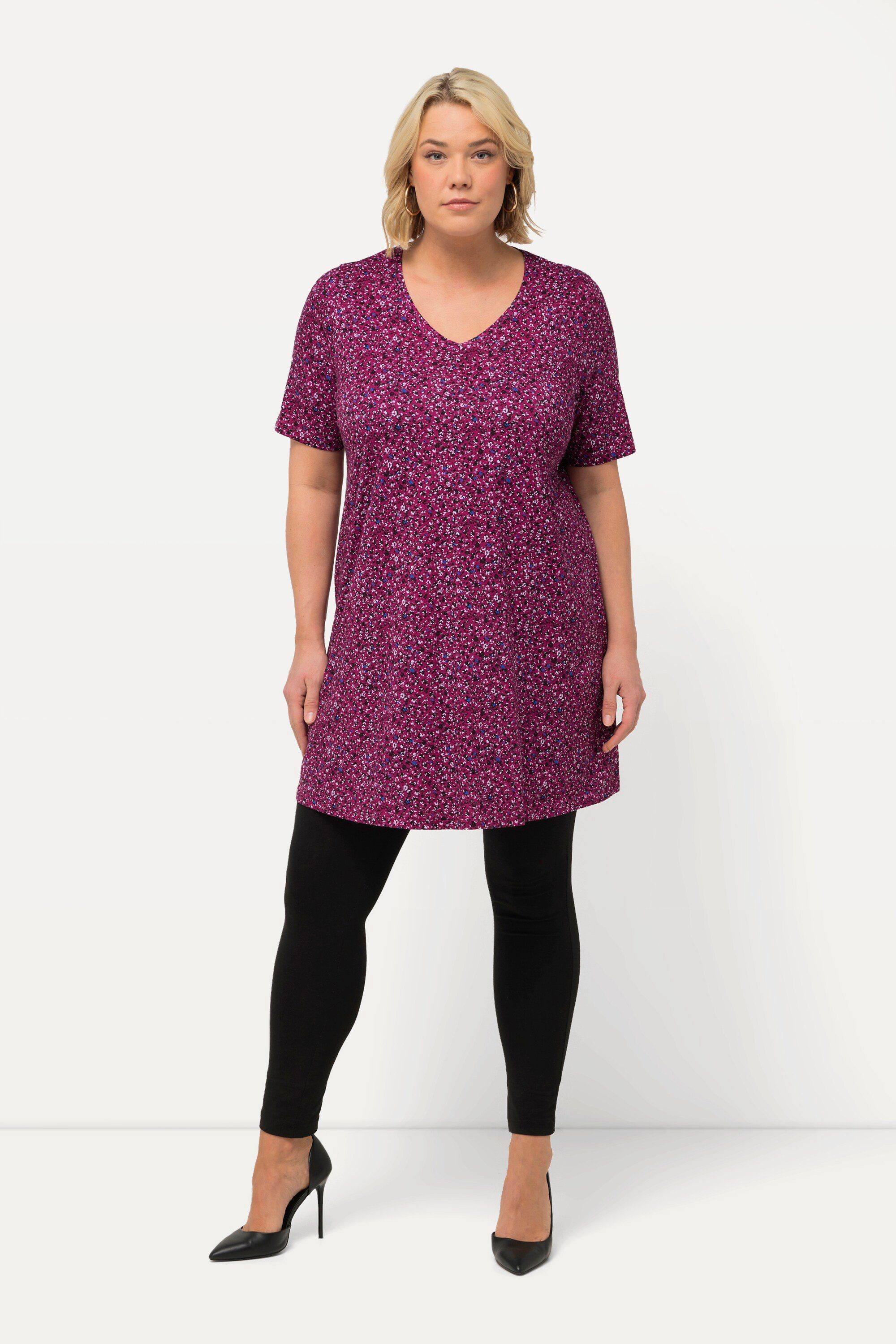 Ulla Popken Longshirt Longshirt bedruckt A-Linie V-Ausschnitt Halbarm
