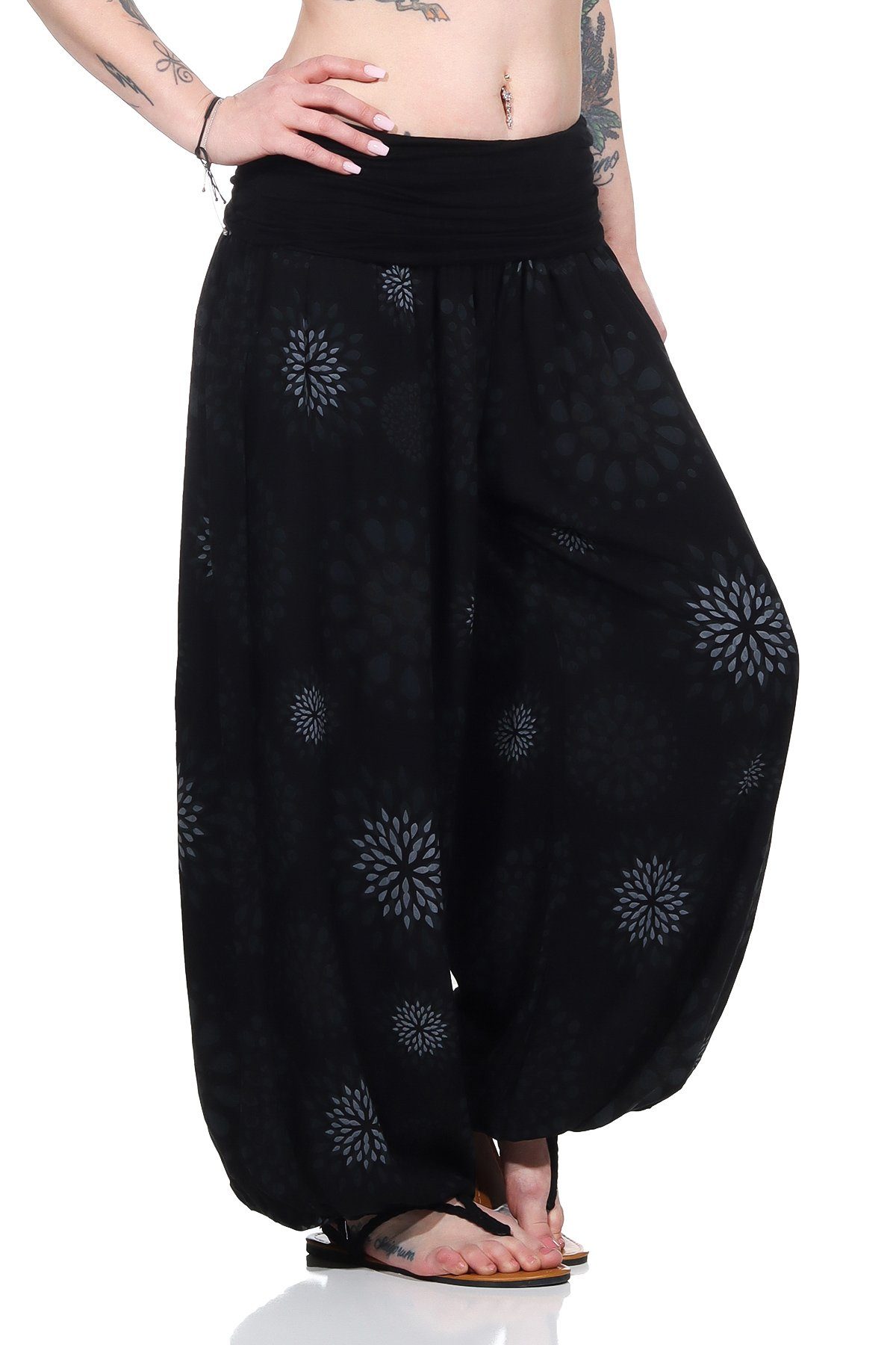 Aurela Damenmode Yogahose für sommerliches (1-tlg) Damen Design leichte mit Pluderhose Haremshose Haremshose sommerliche elastischem Schwarz Bund