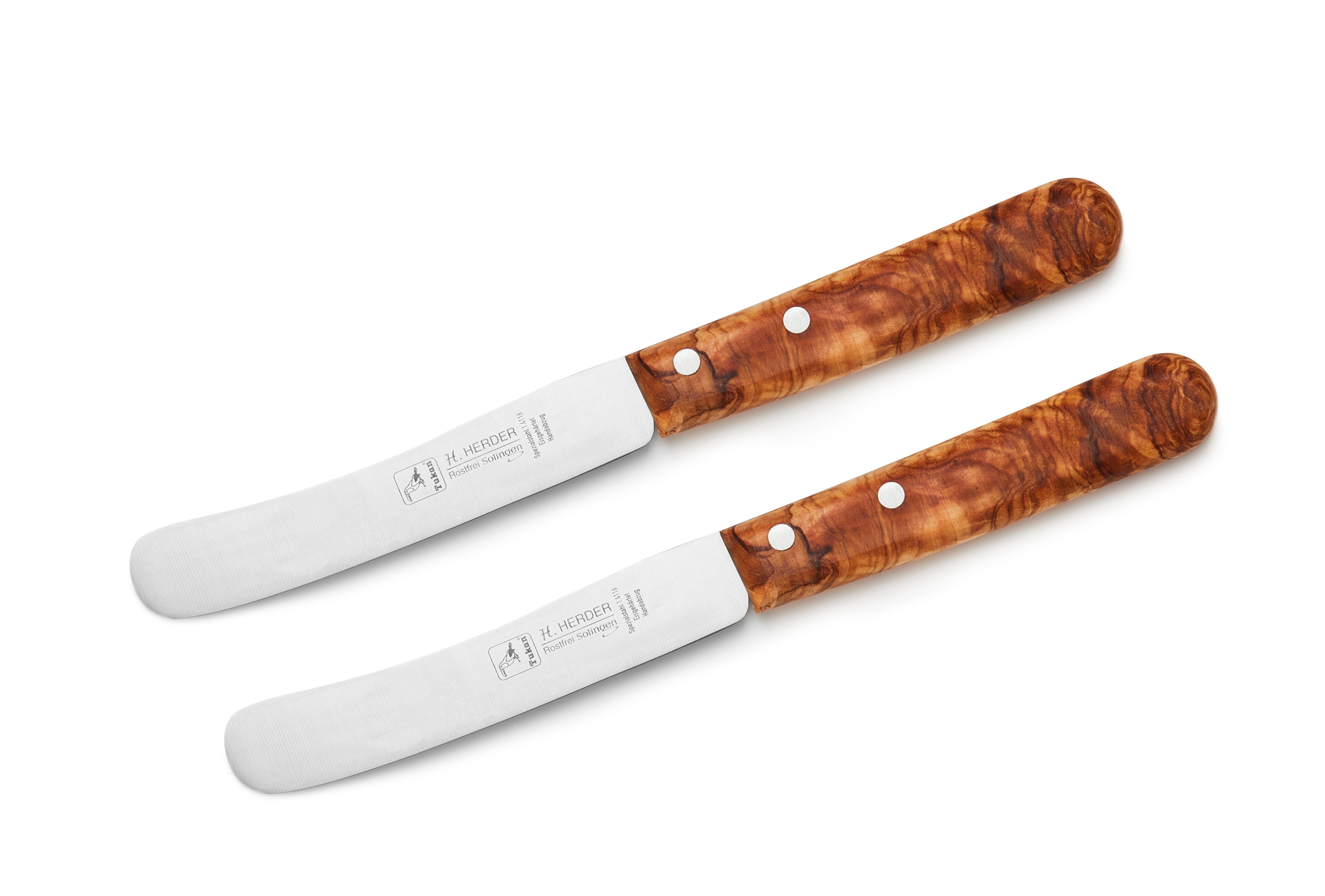 H. Herder Brotzeitmesser 2er-Set Buckelsmesser Olivenholz ohne Welle - rostfrei (2 Stück), Klinge aus legiertem Spezialstahl ohne Welle, Griff aus Olivenholz