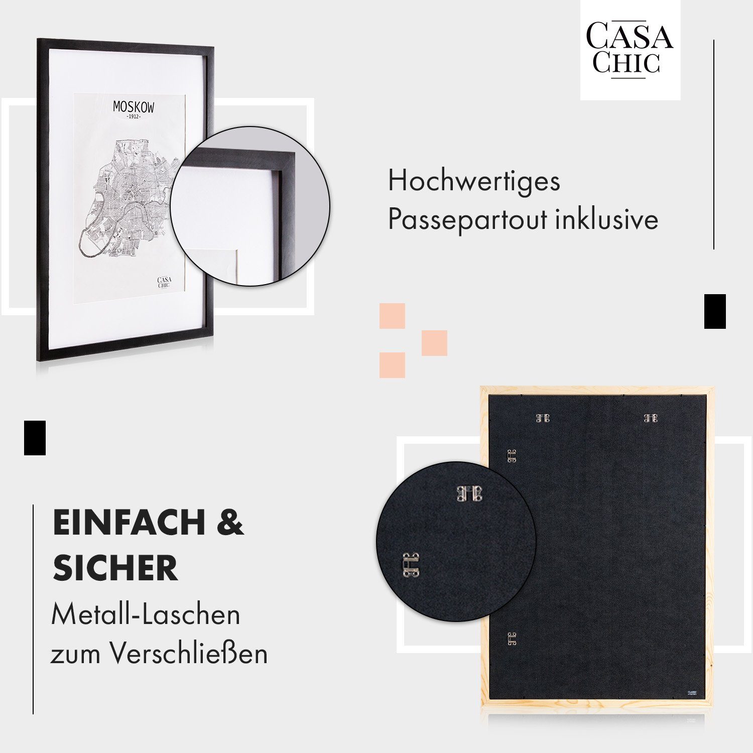 Casa Chic Bilderrahmen Kenton Schwarz Rahmen Fotorahmen, Echtholz (Set)