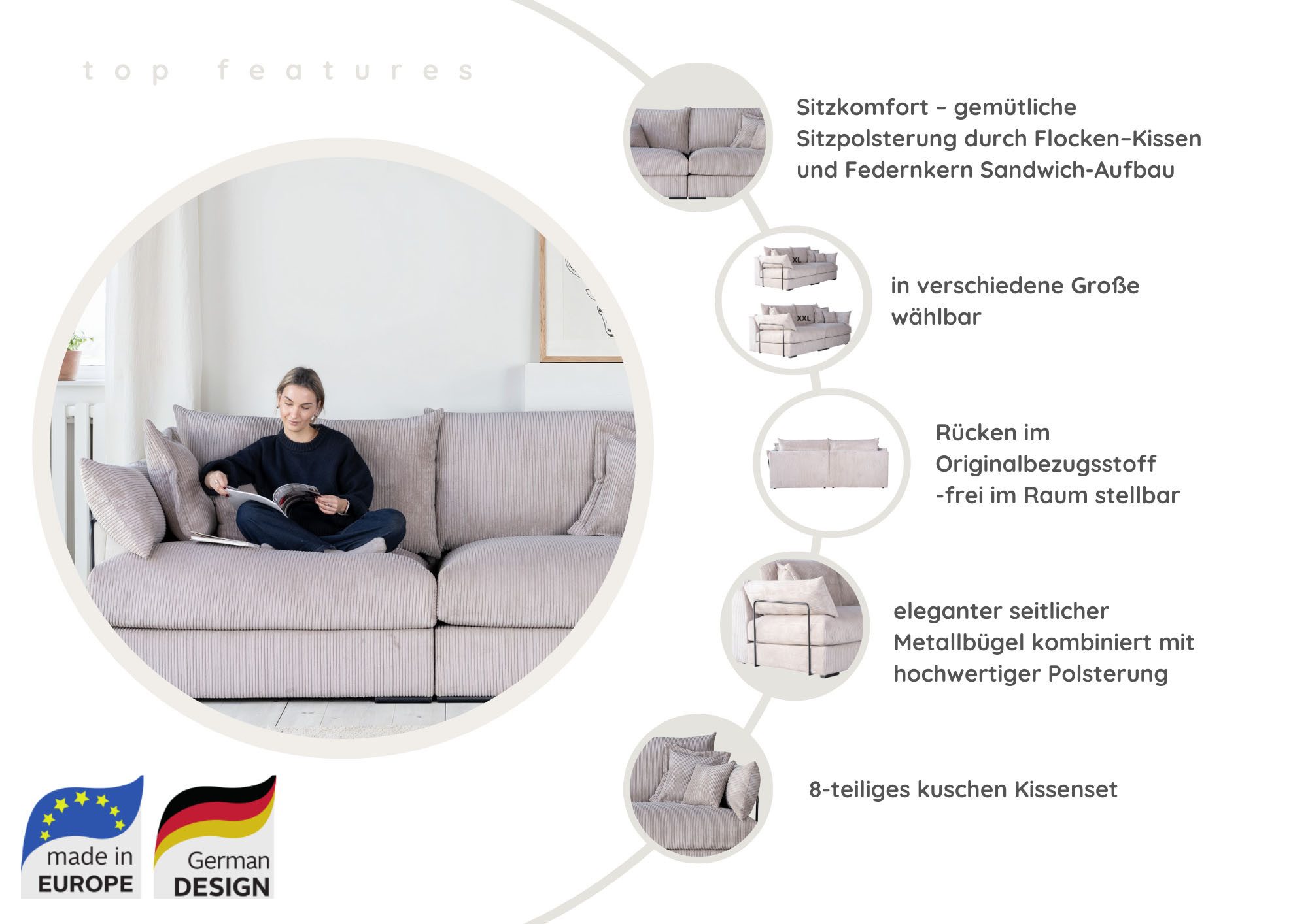 Home affaire Big-Sofa Casa XL, B: 190 cm, 4 Zierkissen, Mega-Sofa, in Cord oder Chenille-Struktur, Federkern