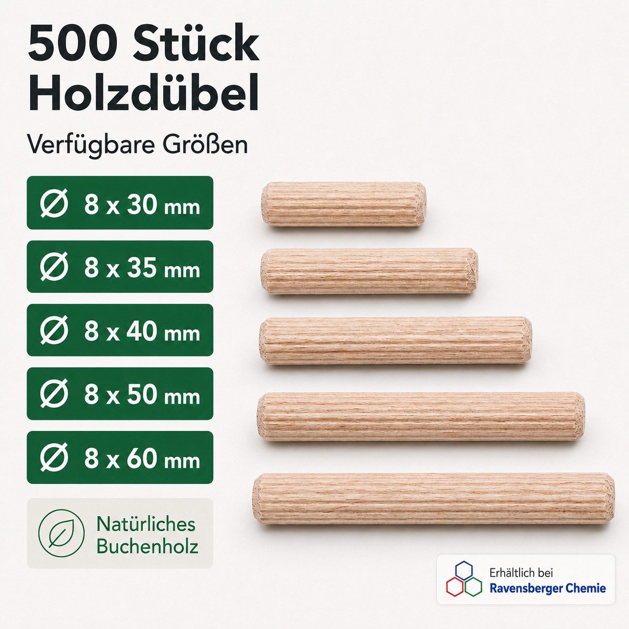 STONE Holzdübel Riffeldübel aus Buche Ø 8 mm - 500 Stück, 8 x 30 mm, FSC Dübel nach DIN 68150 für Möbelbau, Innenausbau & Holzverbindungen