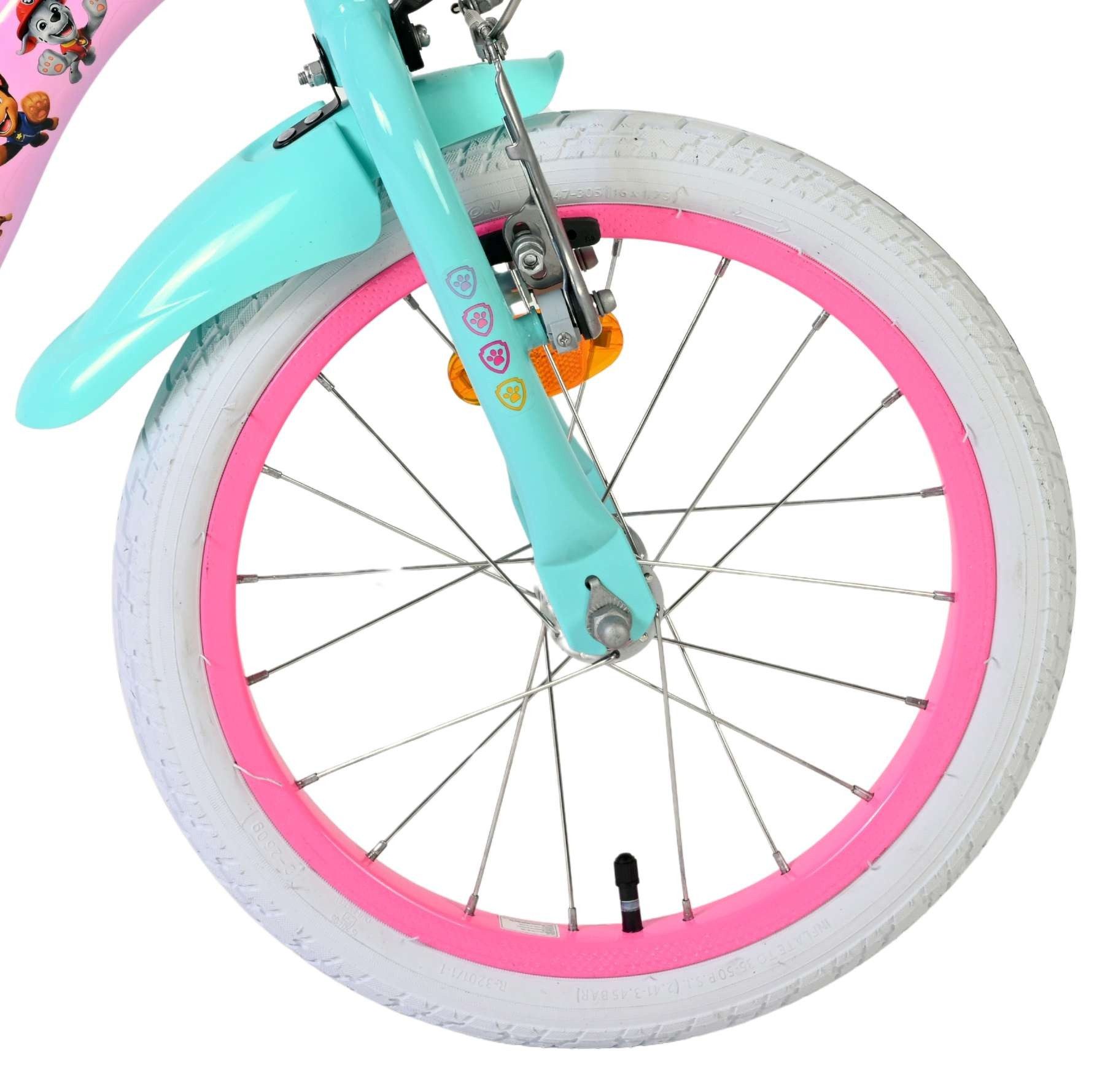 Volare Kinderfahrrad Paw Patrol Mädchen 16 Zoll Rosa mit Korb, Puppensitz und 2 Handbremsen, Geschlossener Kettenschutz, Reflektoren vorn und hinten