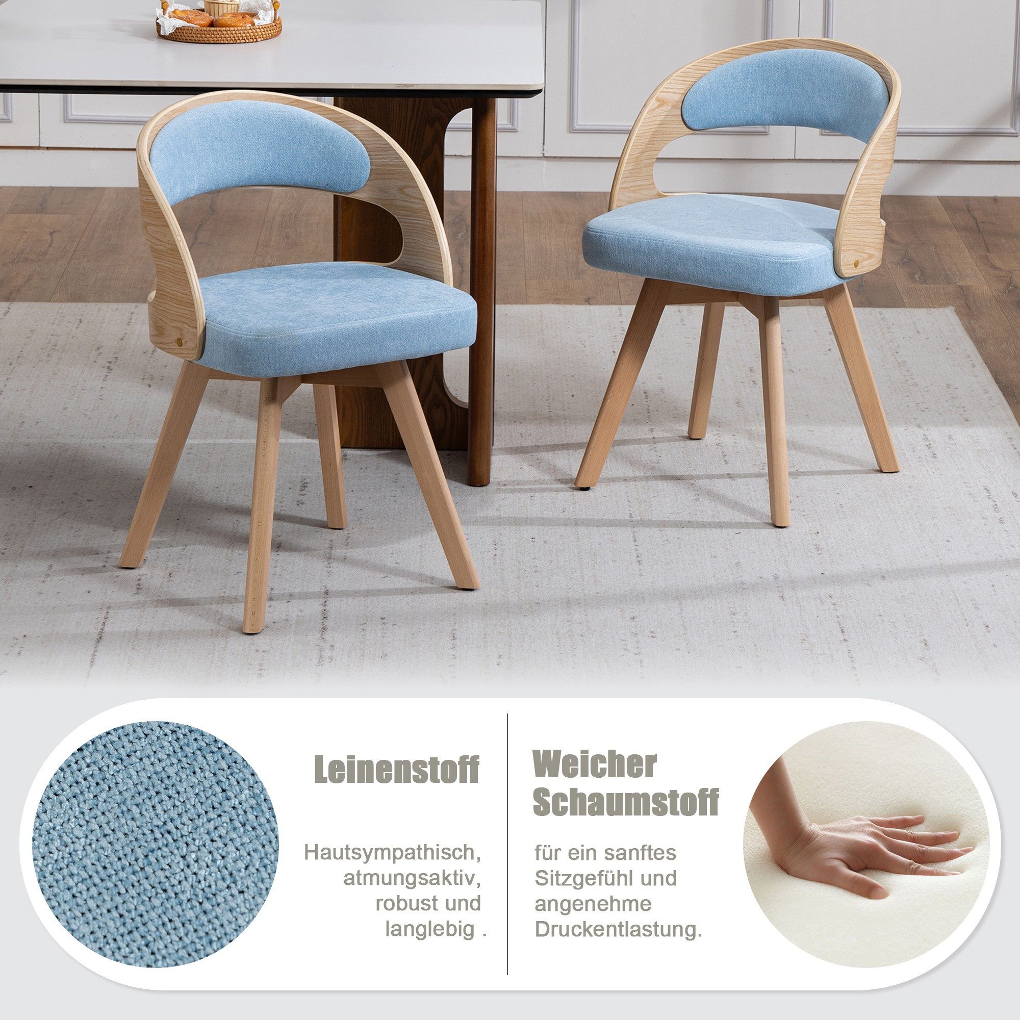 BlingBin 4-Fußstuhl Holz Esszimmerstuhl 360° Drehbar Polsterstuhl (Stuhl, 2 St), mit Baumwoll-Leinen-Kissen & geschwungener Rückenlehne, für Wohnzimmer