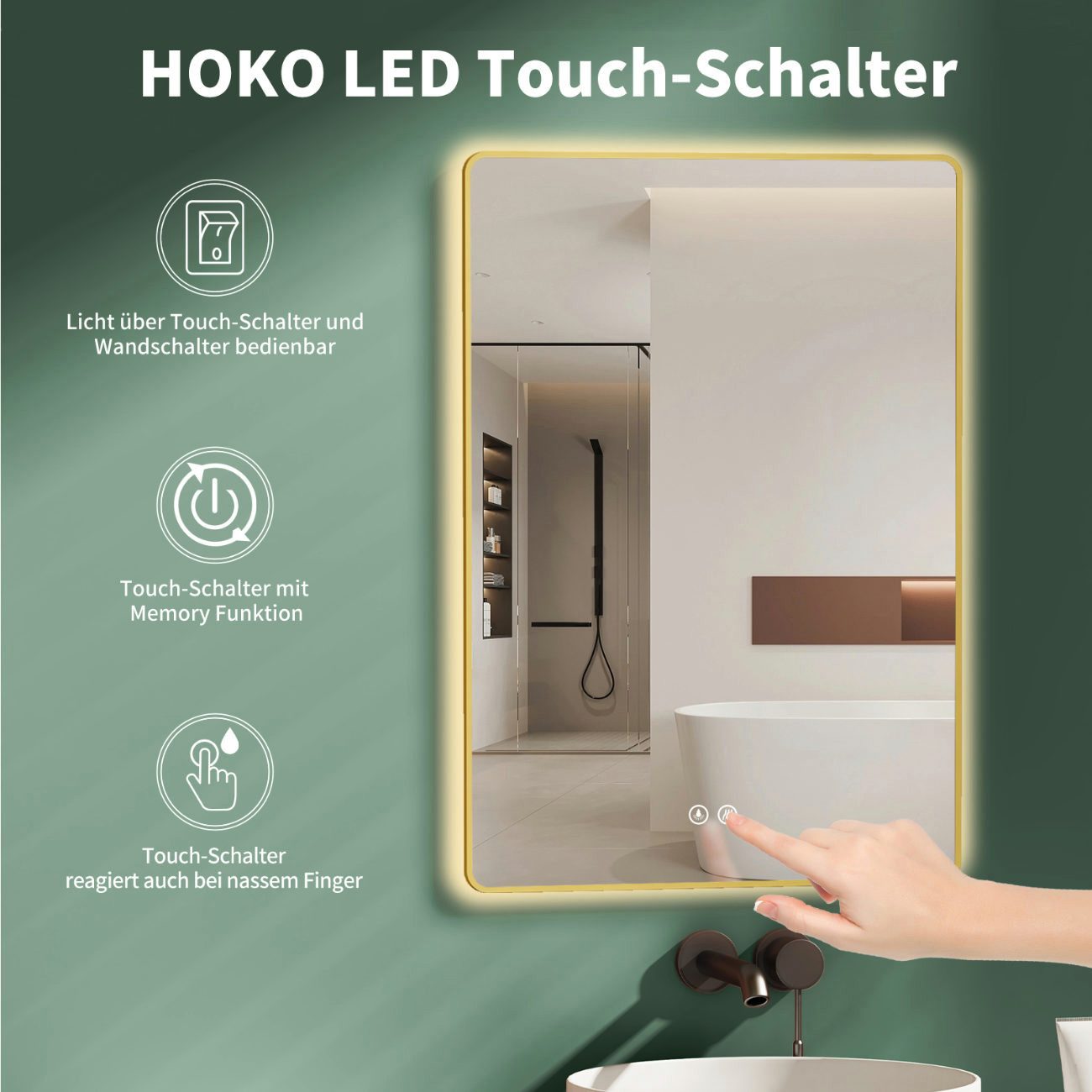 HOKO Badspiegel Antibeschlag LED 50x70 / 60x80 / 70x100 cm mit Metallrahmen (HOCH+QUER Montage. Touch Schalter+Licht Wechsel 2700-6500K, Warmweiß-Kaltweiß-Neutral. Licht mit Touch Schalter und mit Wandschalter einschaltbar, Memory-Funktion. IP44, 5mm HD Glass)