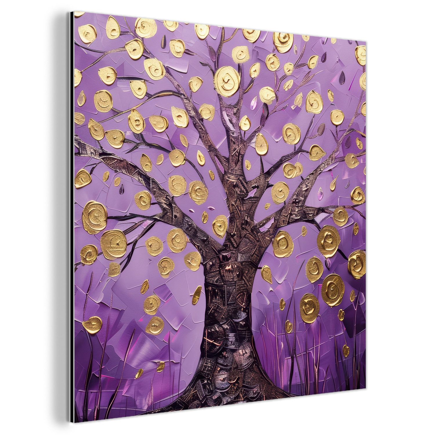 MuchoWow Metallbild Baum des Lebens - Baum - Lila - Gold - Modern, Inkl. Aufhängung, Alu-Dibond-Druck, Wandbild aus Metall, Aluminium deko, 20x20 cm
