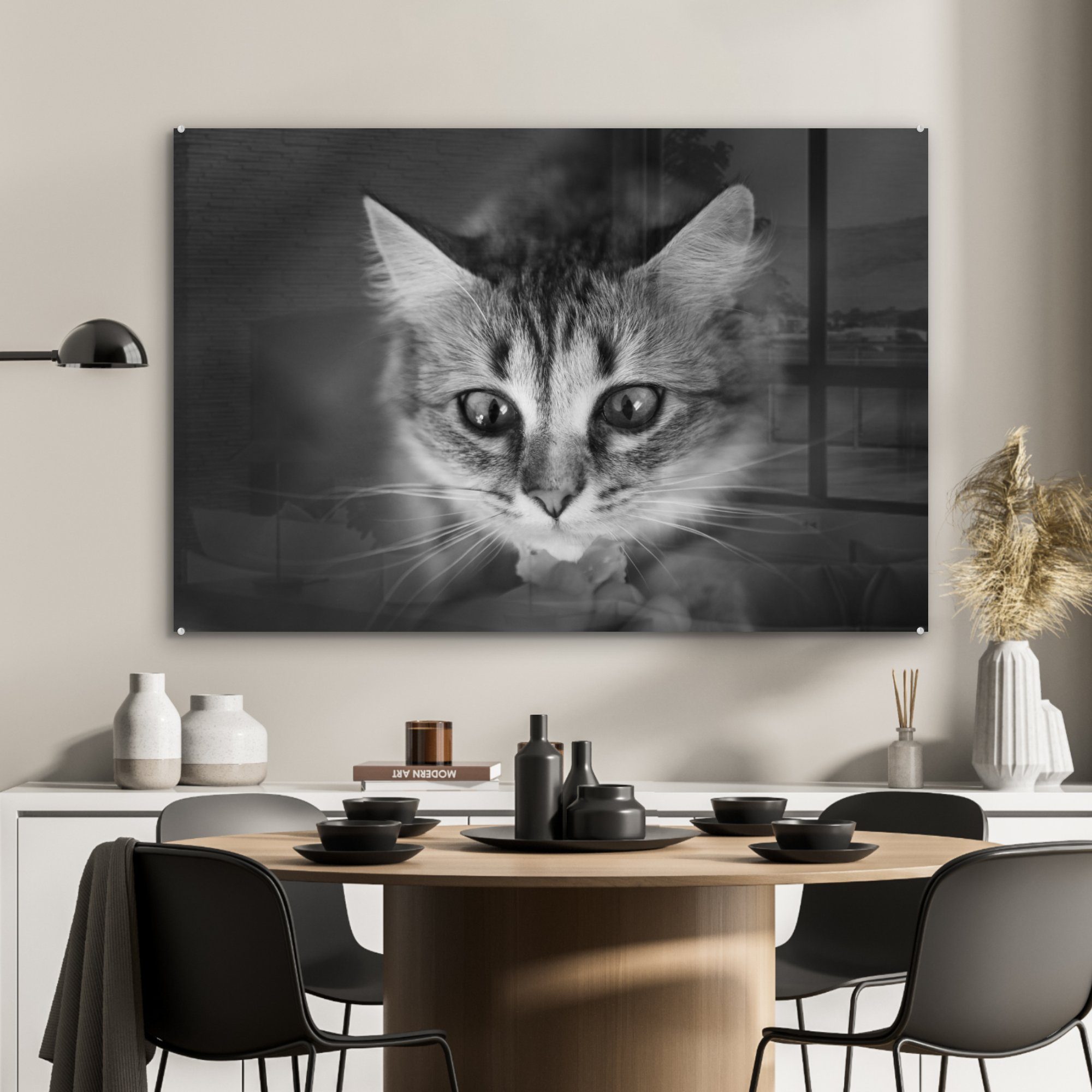 Acrylglasbild & weiß, Wohnzimmer MuchoWow riechende schwarz Schlafzimmer Katze Tierprofil und in Acrylglasbilder St), (1