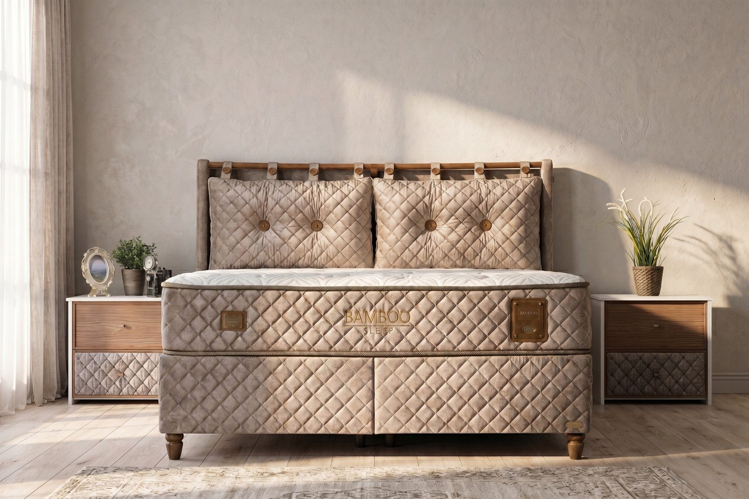 BAMBI YATAK Boxspringbett mit Bettkasten, Bambi Bamboo Sleep, Schlafzimmerbett, Nachttisch (140x200 cm, Stauraum, Bett mit Matratze, 1 x Matratze, 2 x Bettkasten, 1 x Bettkopfteil), Hyper-Schaum, Bambus-Strickstoff, Taschenfederkern, Matratzenhöhe:29cm