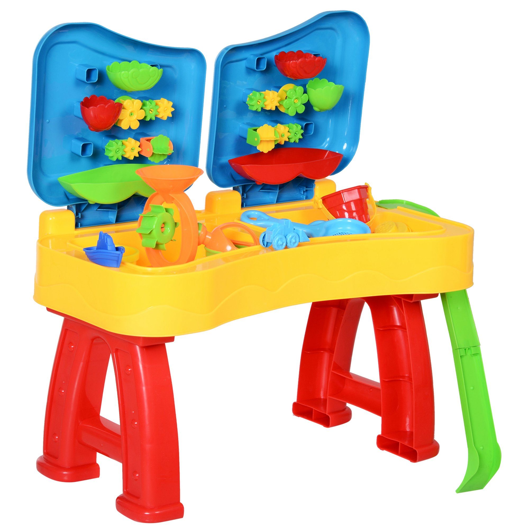 HOMCOM Sandkasten Sandspielzeug, (Wasserspieltisch, 31-tlg., Spieltisch), für Wohnzimmer, Blau+Gelb+Rot