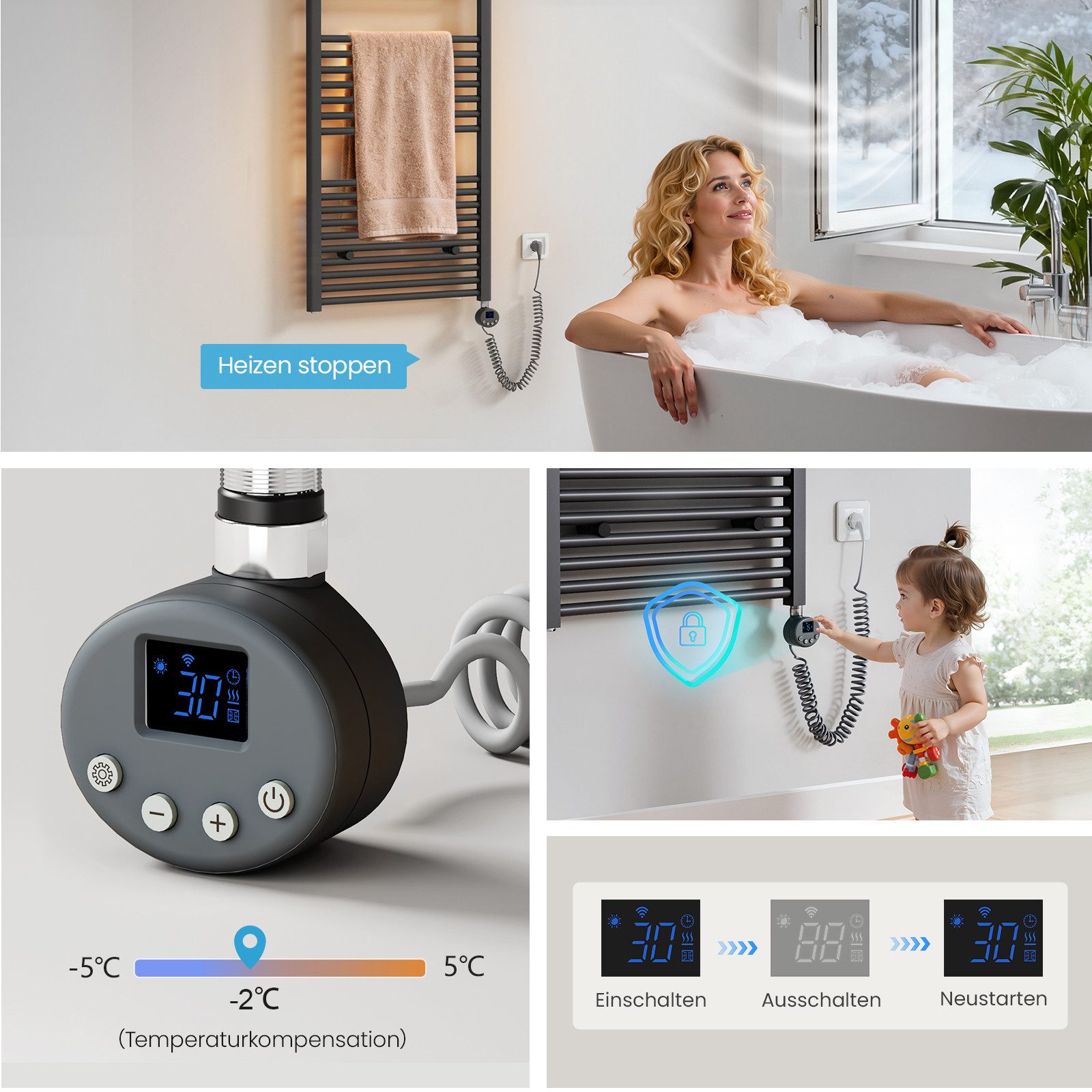 MEYKOERS Elektrischer Badheizkörper Handtuchheizkörper mit Smart WiFi Thermostat Heizstab, 500W/600W, Höhe: 120 cm, Intelligente Steuerung, 4 Modi und Smartes Heizen