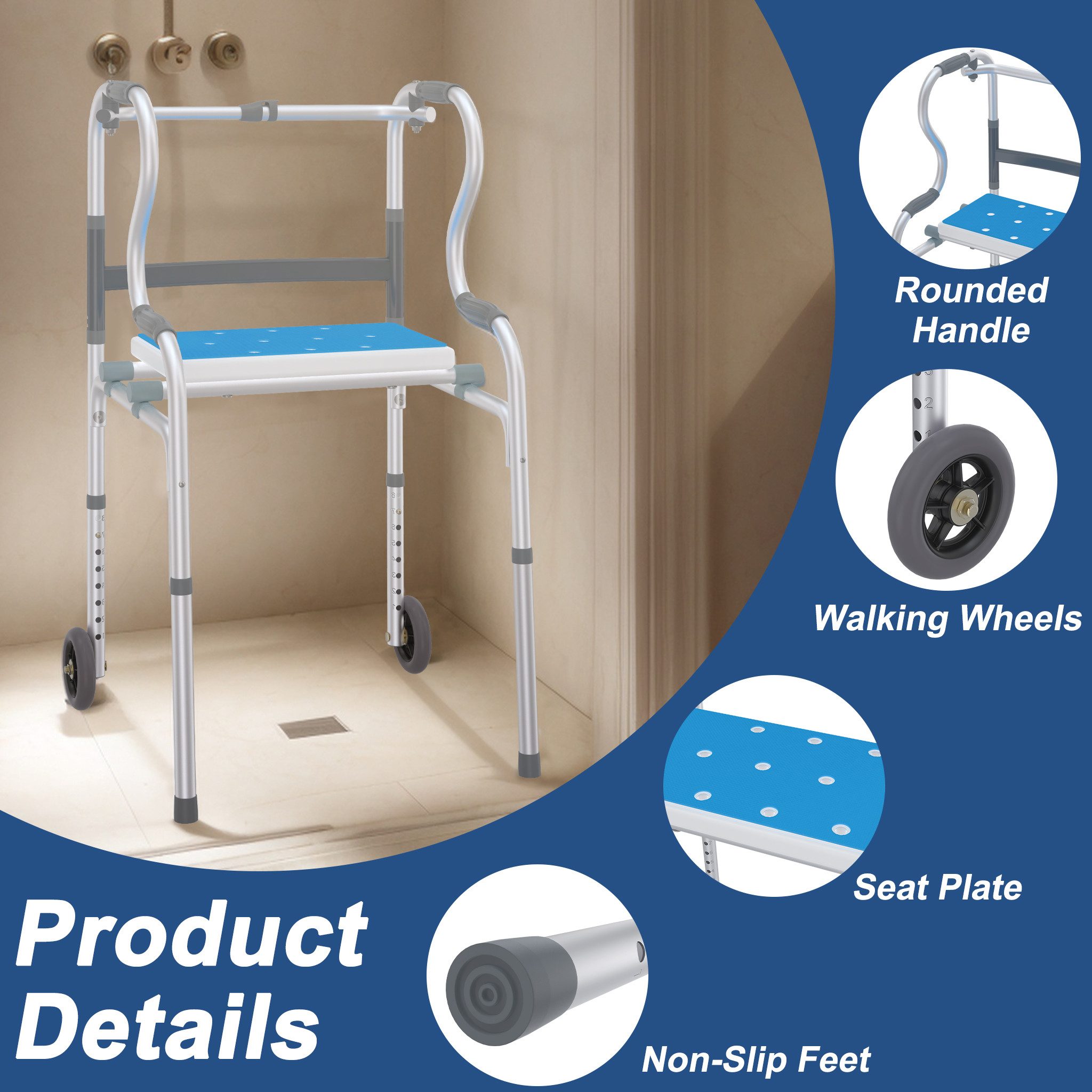 FIVMEN Gehstock Gehhilfe für Senioren Leichter Aluminium Rollator, Höhenverstellbarer Gehwagen, mit 2 Lenkrollen & Ergonomischen Griffen