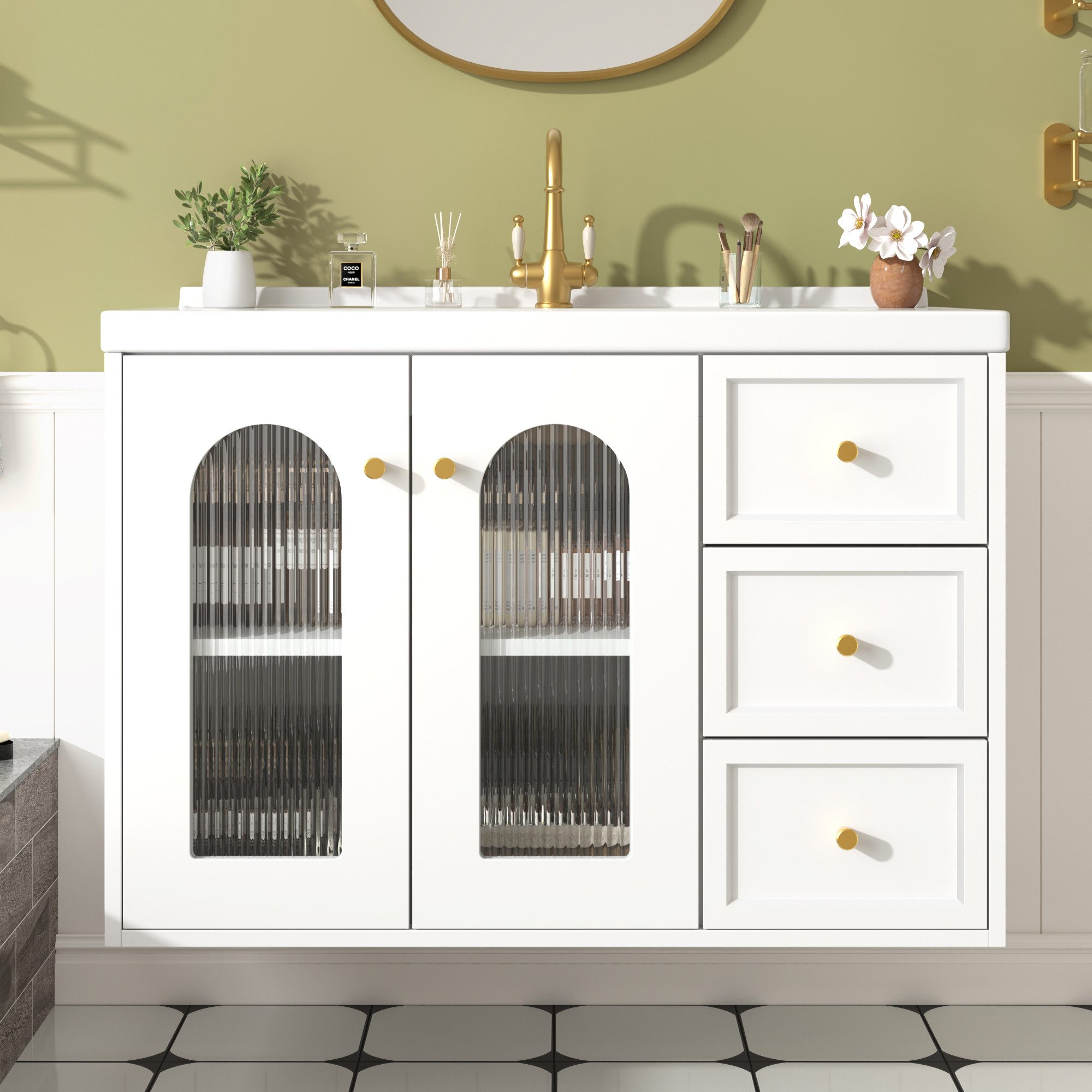 Flieks Waschtisch Waschbeckenunterschrank inkl. Keramik-Waschbecken (B80/T50/H58 cm, 1-St., wandhängend Badschrank mit verstellbarer Einlegeböden), Badmöbel-Set Badezimmerschrank mit Schubladen und Glastür Weiß