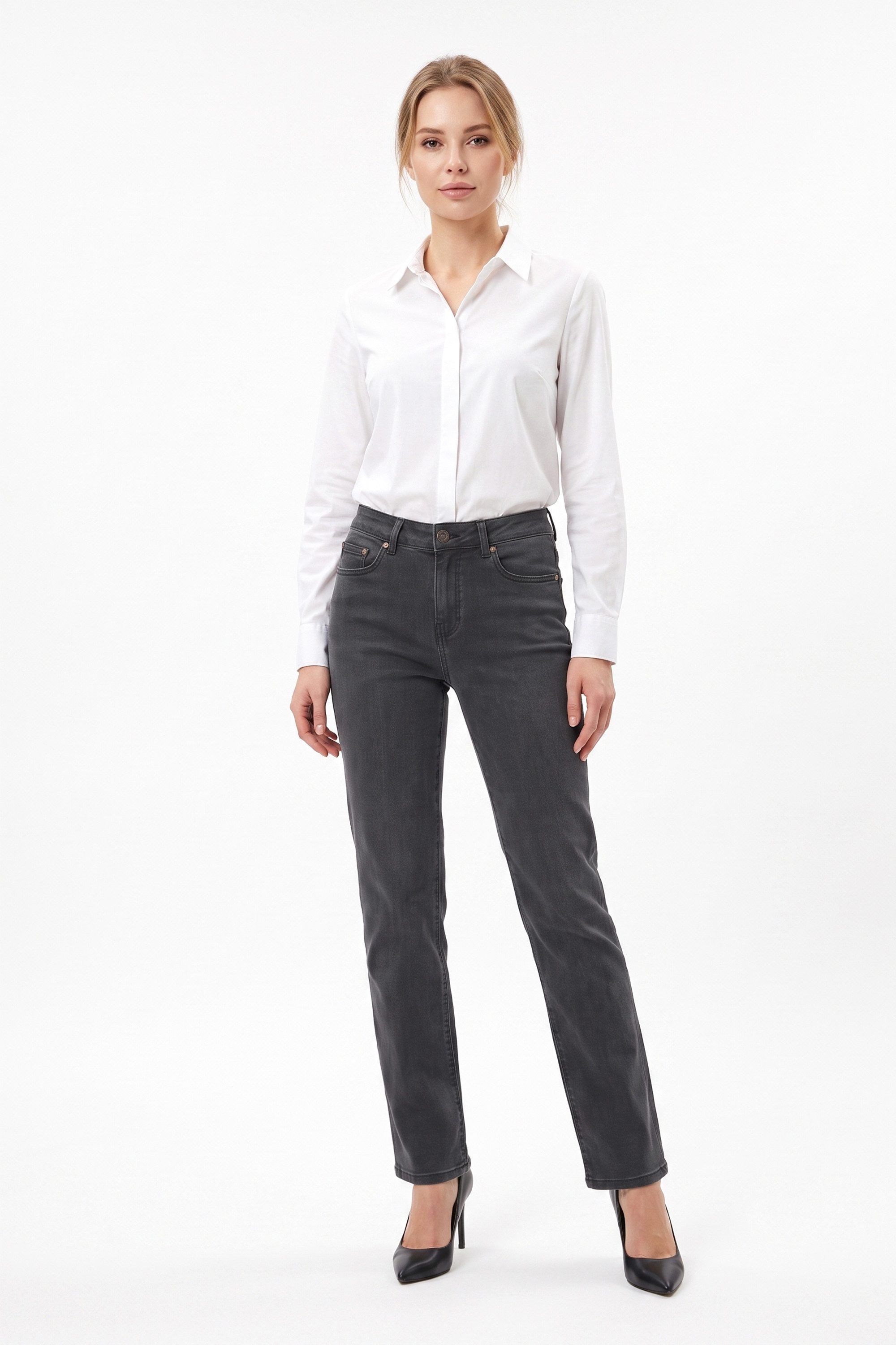 ESRA Straight-Jeans High Waist Damen Jeans Stretch Hose aus superweicher Baumwolle Straight Jeans Damen Stretch Jeanshose High Waist bis Große Größe