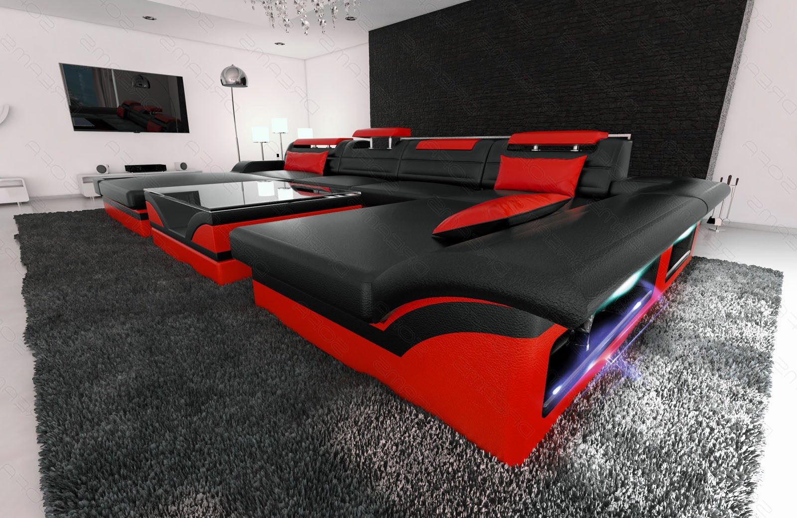 Sofa Dreams Wohnlandschaft Ledersofa Monza U Form Mini, Designersofa, Sofa mit LED Licht und USB