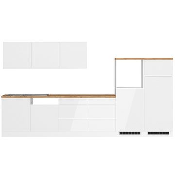 Lomadox Küchenzeile MARSEILLE-03, Fronten Hochglanz weiß, Arbeitsplatte Eiche, 360cm, ohne E-Geräte