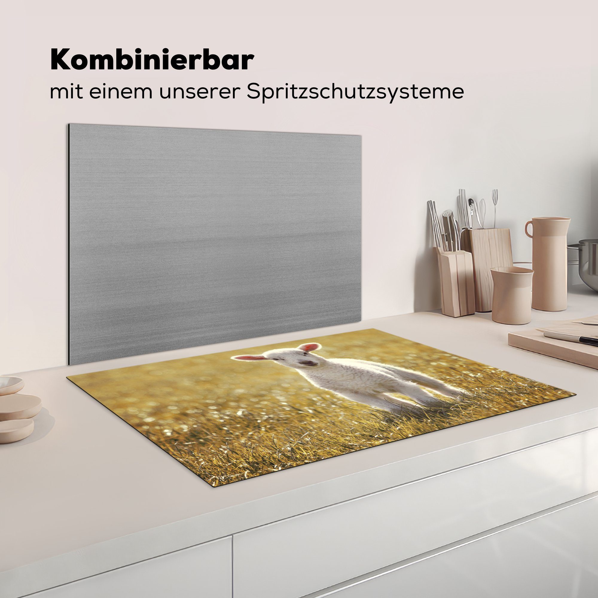 Gras Schutz - Ceranfeldabdeckung Vinyl, Schafe die Herdblende-/Abdeckplatte küche, MuchoWow 81x52 tlg), - Induktionskochfeld für (1 cm, Sonne,