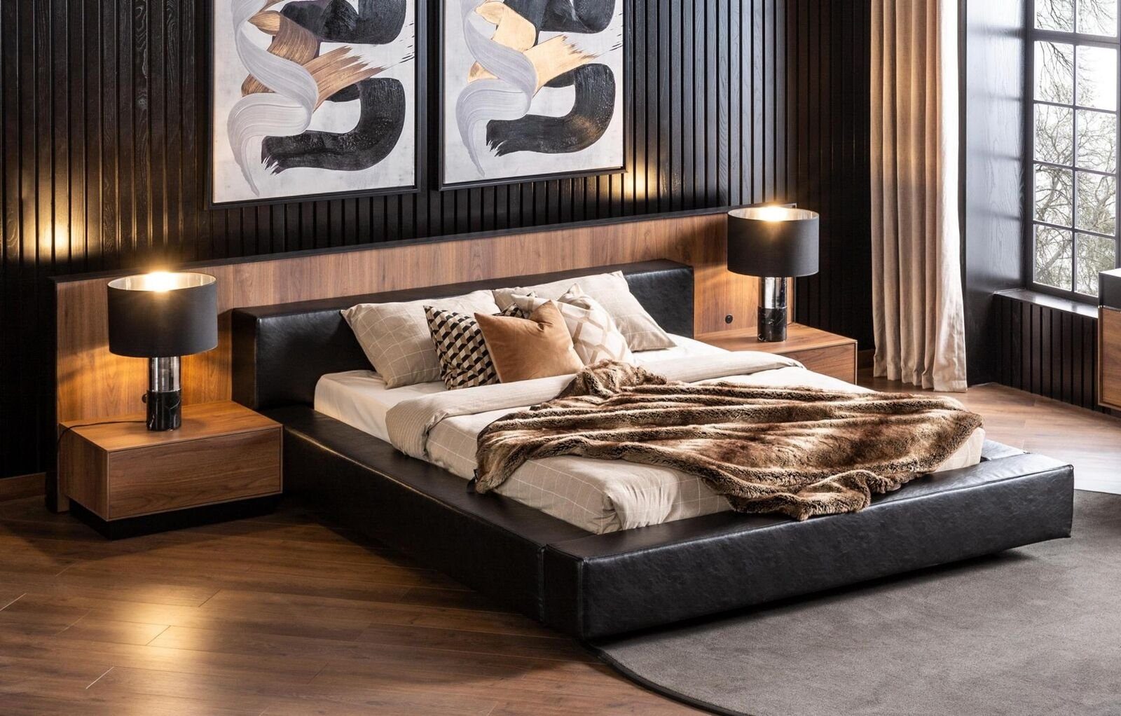 JVmoebel Schlafzimmer-Set Bett mit Nachttischen Loft Schlafzimmer Möbel  Betten Sets Gepolstert, (3-St., 1x Bett+ 2x Nachttische), Made in Europa