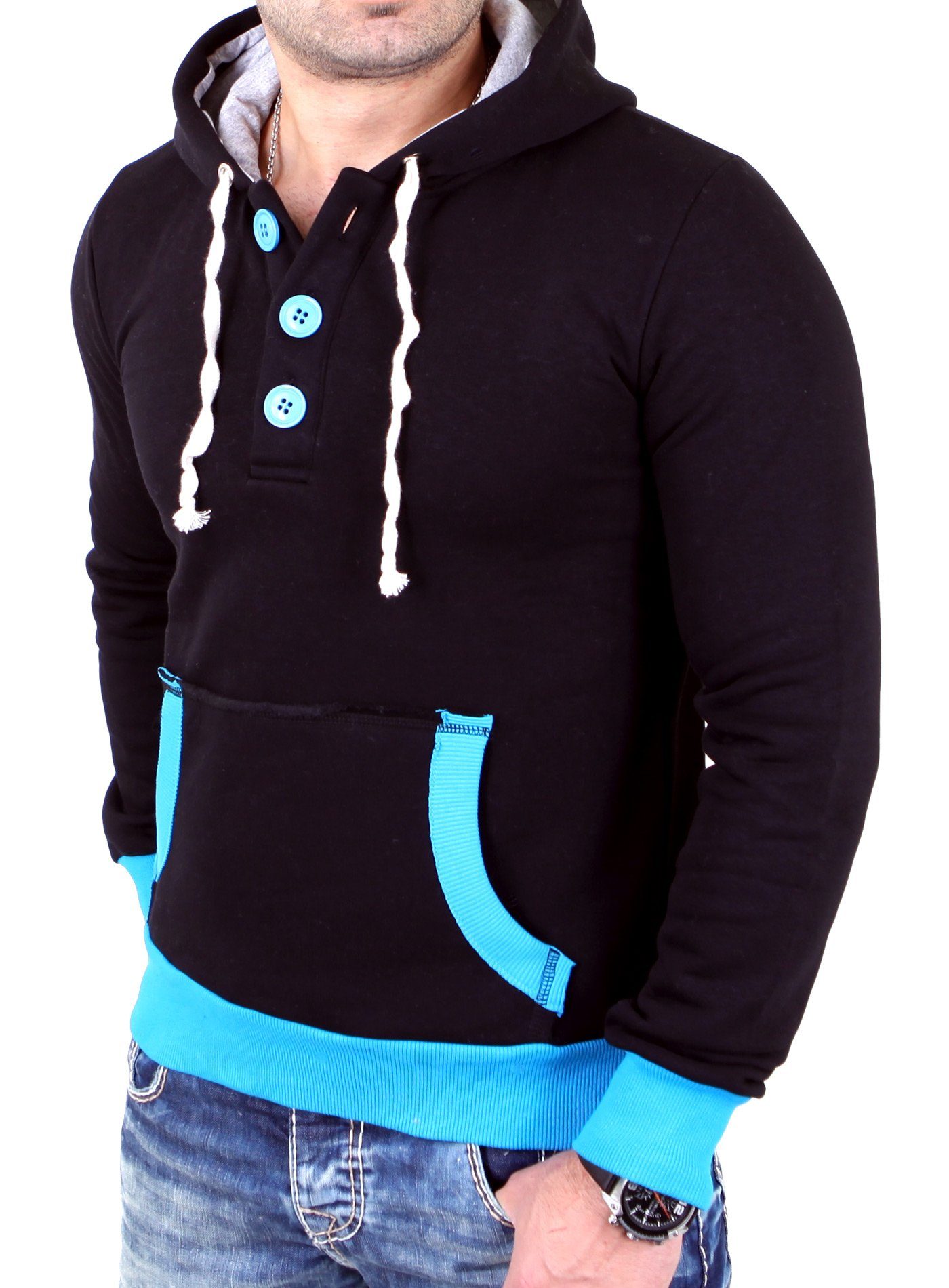 Reslad Sweatshirt Reslad Pullover Herren Two-Tone Kontrast Kapuzen Hoodie RS-1102 (1-tlg) Kapuzenpullover Sweatshirt Hoodie schwarz-türkis