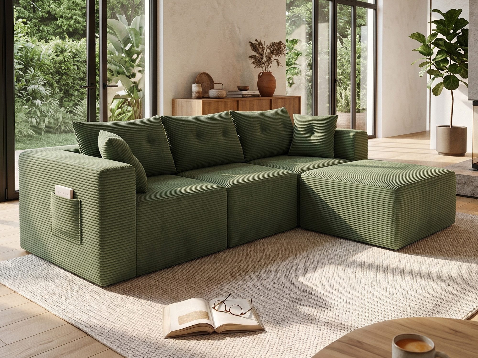 GLP Ecksofa Modulares Ecksofa 254 cm aus Cord, kompakte L-Form mit Hocker, 4 Module frei kombinierbar, 70 cm Sitztiefe, 254 cm breit, gepolstert, vakuumiert, für modernes Wohnen