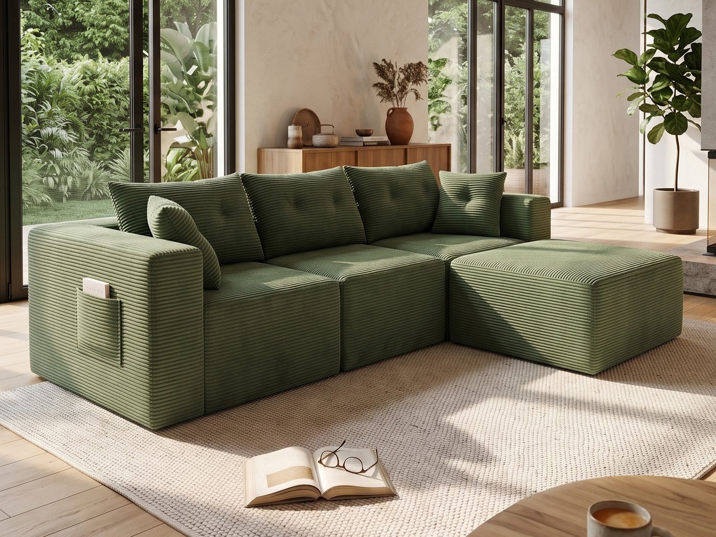 GLP Ecksofa Modulares Ecksofa 254 cm aus Cord, kompakte L-Form mit Hocker, 4 Module frei kombinierbar, 70 cm Sitztiefe, 254 cm breit, gepolstert, vakuumiert, für modernes Wohnen