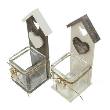Home-trends24.de Windlicht Vogel Teelichthalter Häuschen Kerzenhalter mit Glasaufsatz 2er-Set