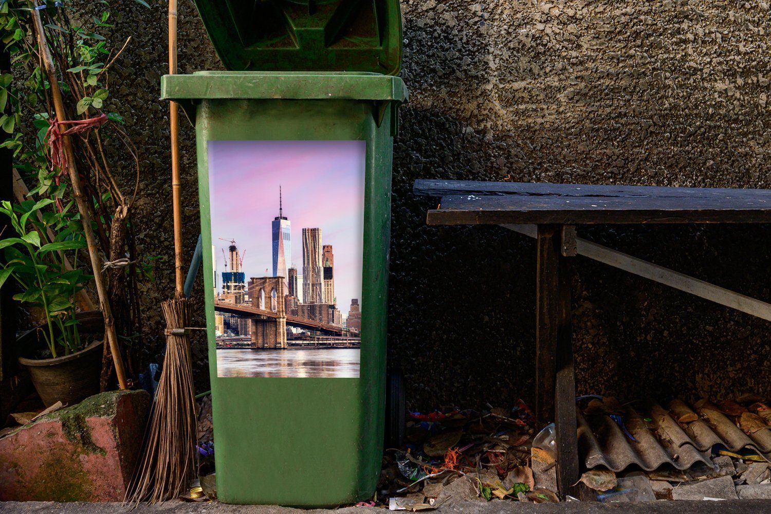 MuchoWow Wandsticker Mülleimer-aufkleber, Abfalbehälter St), Skyline Brooklyn Yorker Mülltonne, Bridge Container, (1 Sticker, die New und