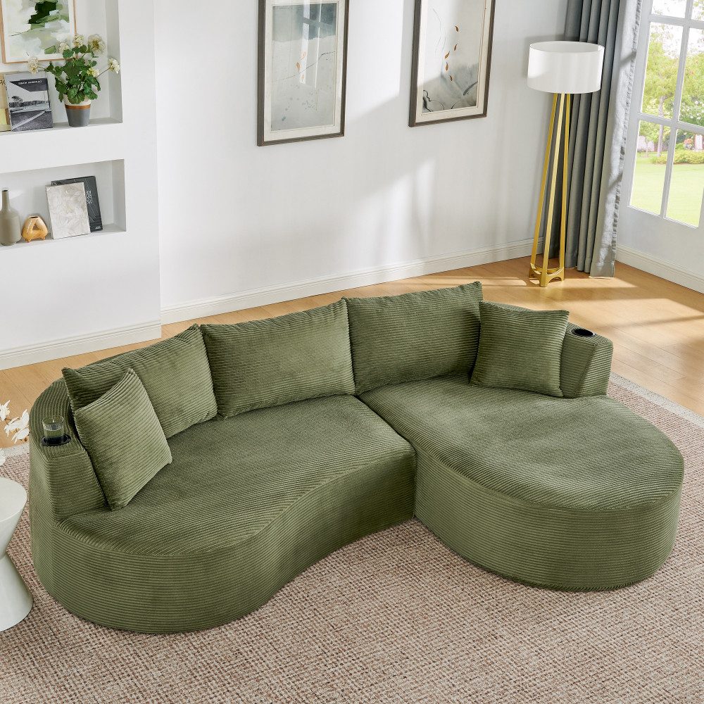 BBWL Sofa Bogenförmig Kordstoff Chaiselongue mit Getränkehalter vakuumverpackt, 3-Sitzer Kompressionssofa für Wohnzimmer Büro