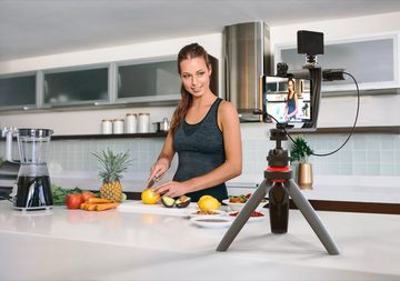 DigiPower 5-teiliges Vlogging Set mit Videolicht, Shotgun Pro Mikrofon, Winkelhalterung mit zwei Blitzschuhadaptern, Dreibeinstativ mit Smartphone, Action Cam und DSLR Kamera-Halterung für Live Streamings, TikTok und YouTube Smartphone-Halterung, (5-tlg)
