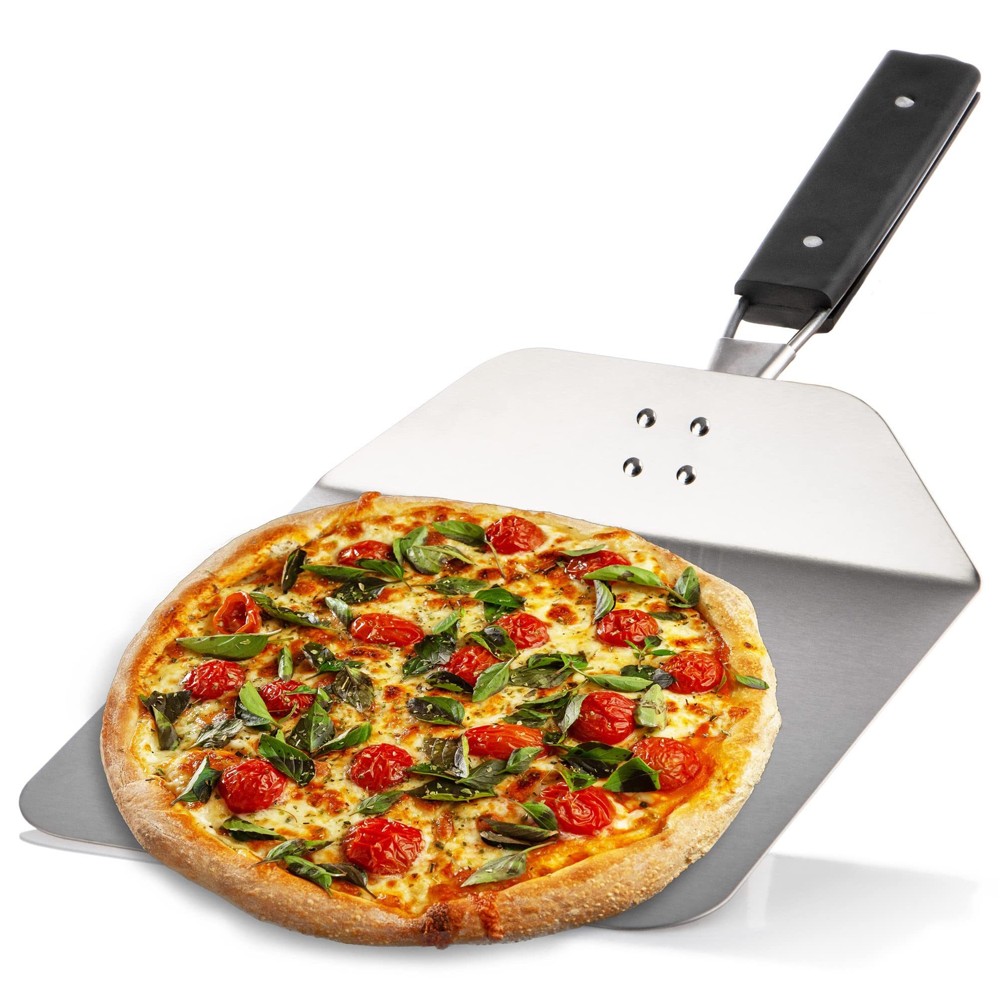 com-four Pizzaschieber Pizzaschaufel aus rostfreiem Edelstahl, Pizza- und Kuchenheber mit Holzgriff
