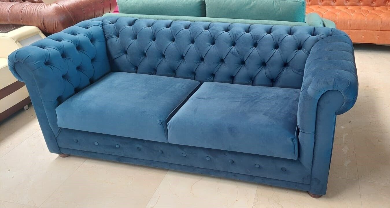 JVmoebel Chesterfield-Sofa Wohnzimmer Luxus Teile, Textil Chesterfield 3 Sitzer Sofa Europa in Sofort, Sofa Blau Made 1
