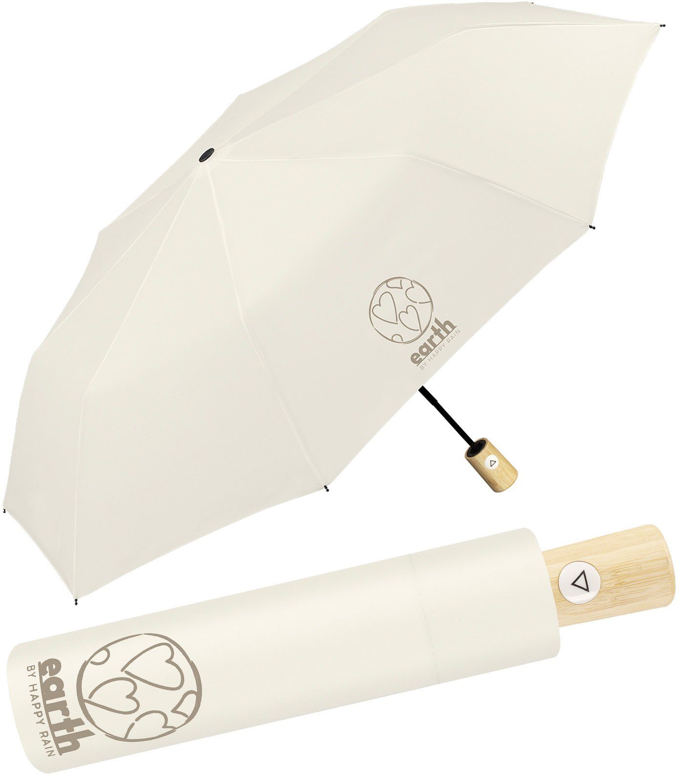 HAPPY RAIN Taschenregenschirm Earth - nachhaltiger Schirm mit Auf-Automatik, gut geschützt etwas für die Umwelt tun creme