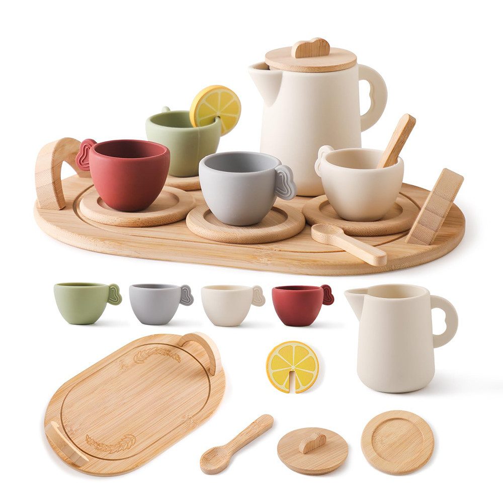 CLTYQ Spielgeschirr Holz-Tee-Set für kleine,14 Teile,Teekannen-Set günstig online kaufen
